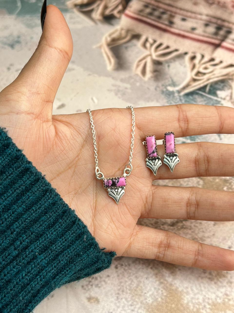 Handmade Sterling Silver Cherry Blossom Necklace Earrings Set "Signed Nizhoni"
