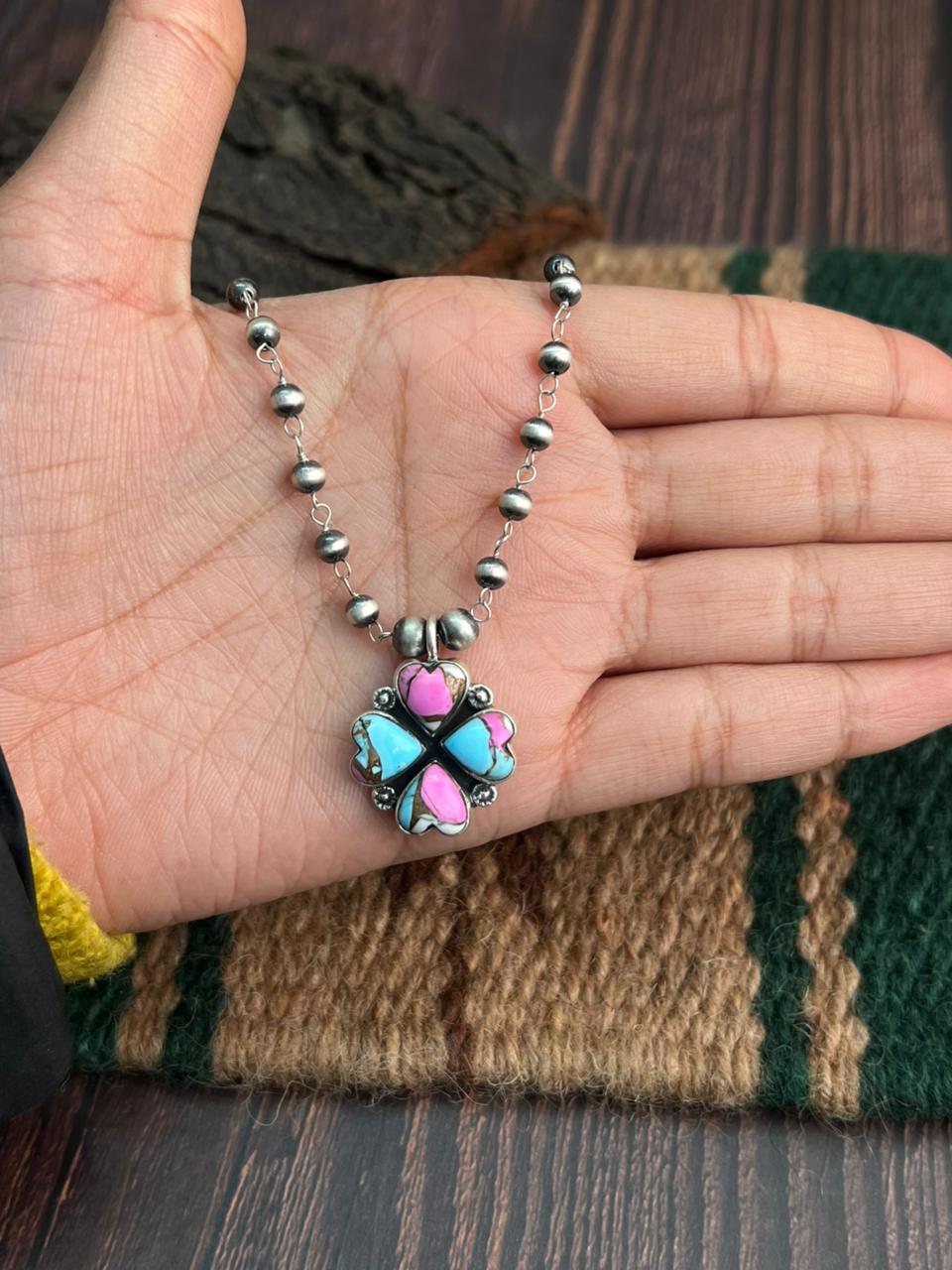 "Heart Collection" Handmade Sterling Silver Cotton Candy Necklace with Beads Chain "Signed Nizhoni"