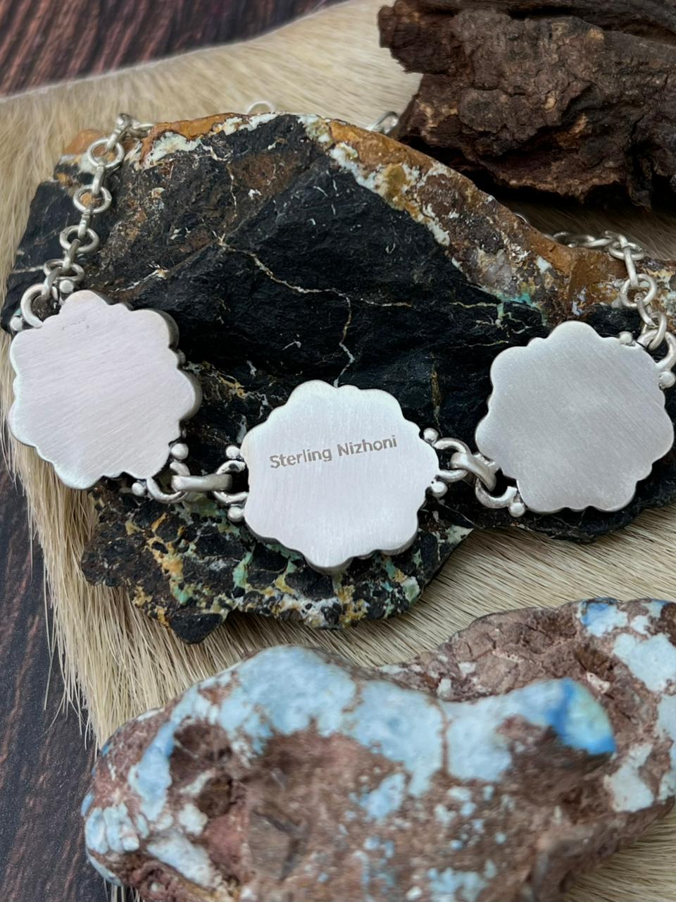 Handmade Sterling Silver White Buffalo Chain Bracelet "Signed Nizhoni"