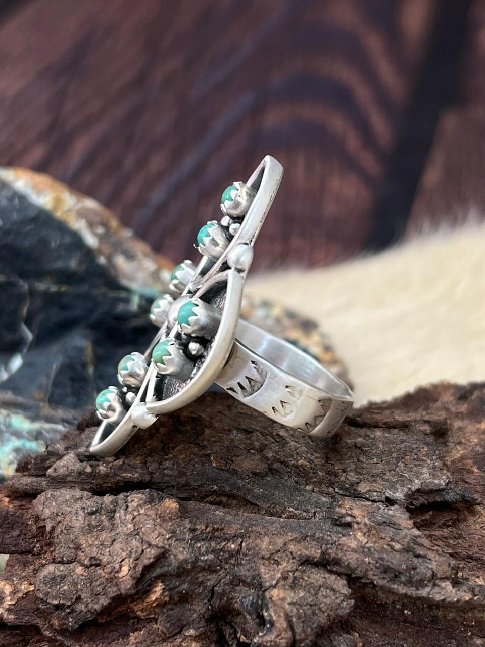 Handmade Sterling Silver Kingman Turquoise Adjustable Ring "Signed Nizhoni"