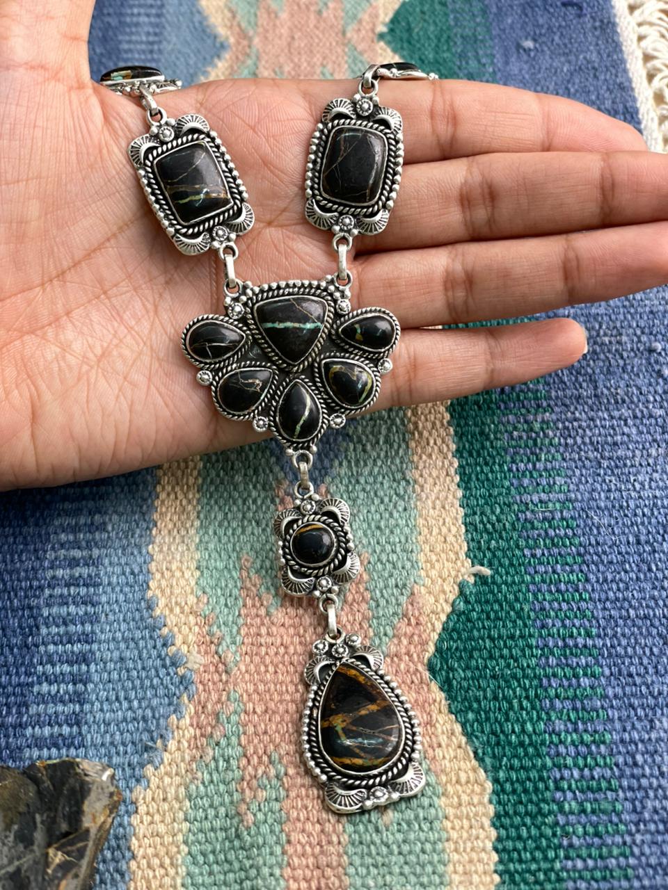 Handmade Sterling Silver Blackjack Turquoise Necklace "Signed Nizhoni"