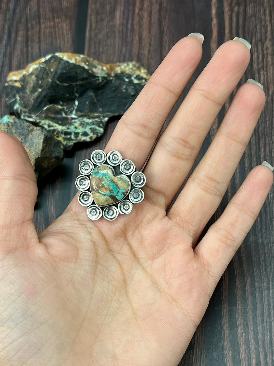 Handmade Sterling Silver Royston Ribbon Turquoise Heart Adjustable Ring "Singed Nizhoni"