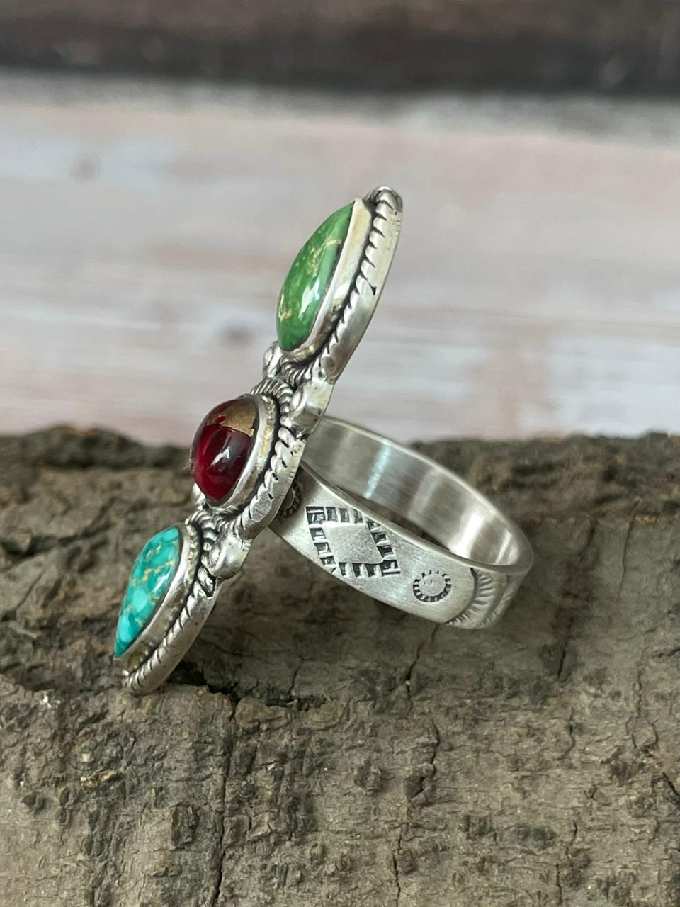 Handmade Sterling Silver Dahlia Rose With Emerald Valley Turquoise Ring "Signed Nizhoni"