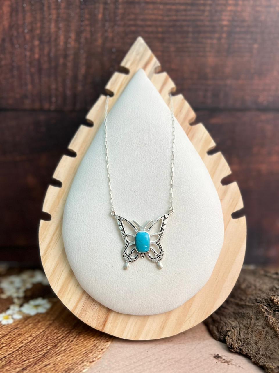 Handmade Sterling Silver Kingman Turquoise Butterfly Necklace "Signed Nizhoni"