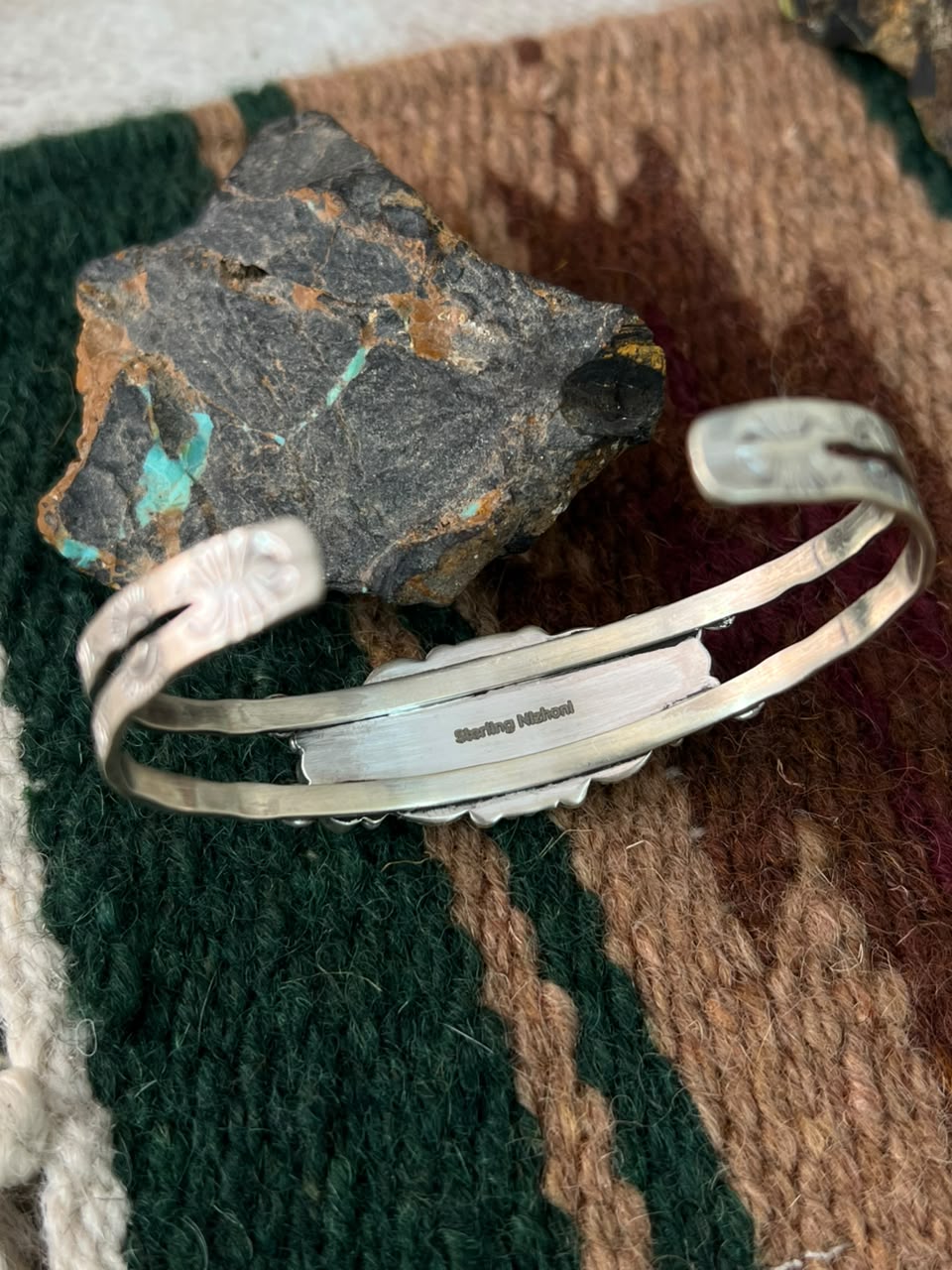 Handmade Sterling Silver Sonoran Mountain Turquoise with Bumblebee and White Buffalo Spring Collection: Cuff Bracelet Signed Nizhoni
