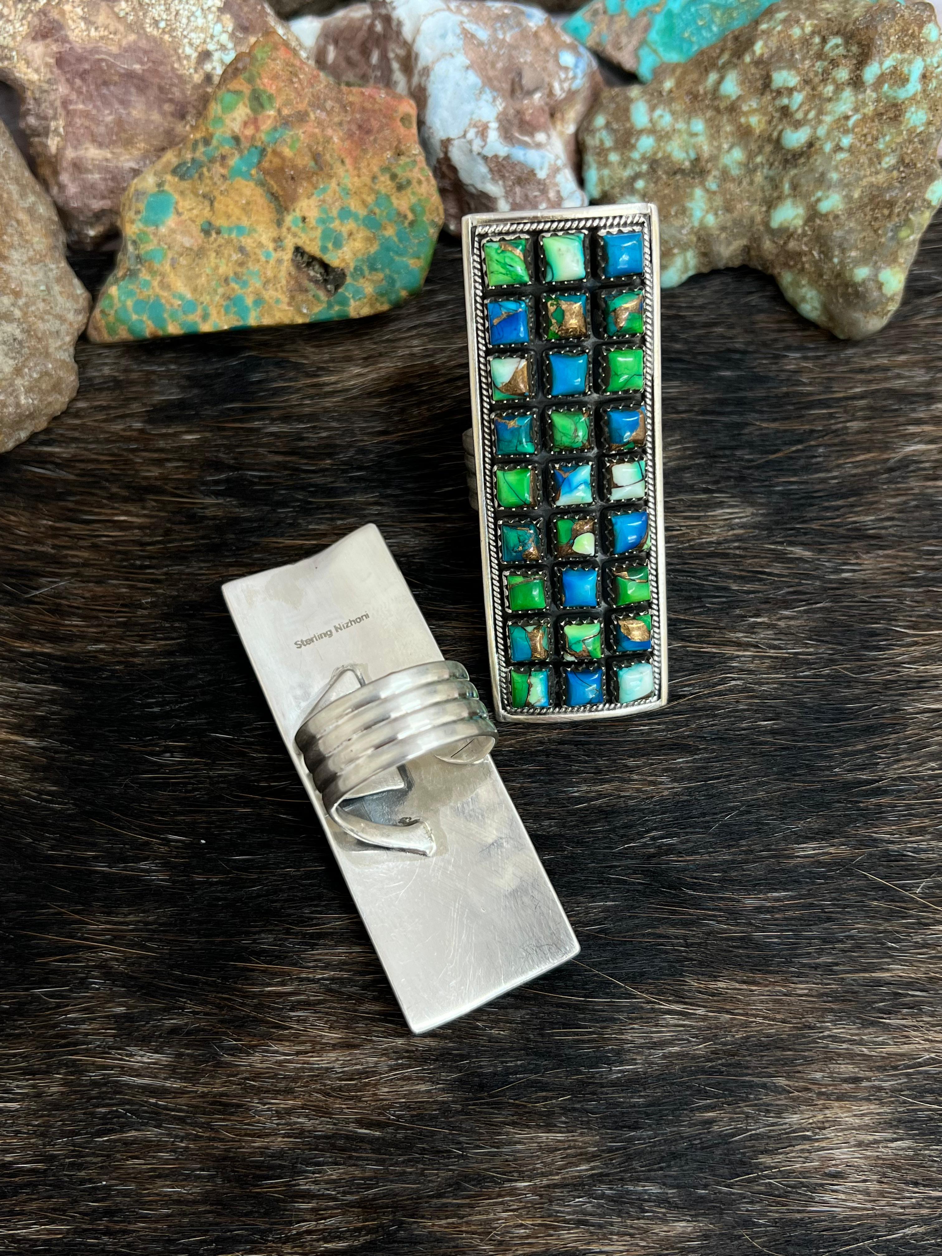 Handmade Sterling Silver Cotton Candy Turquoise, Peacock Dahlia Adjustable Rings with Signed Nizhoni