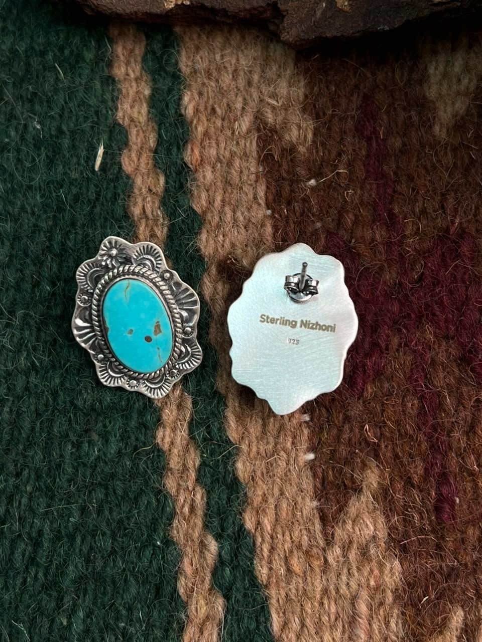 Handmade Sterling Silver Green Kingman Turquoise Post Studs Earrings Signed Nizhoni