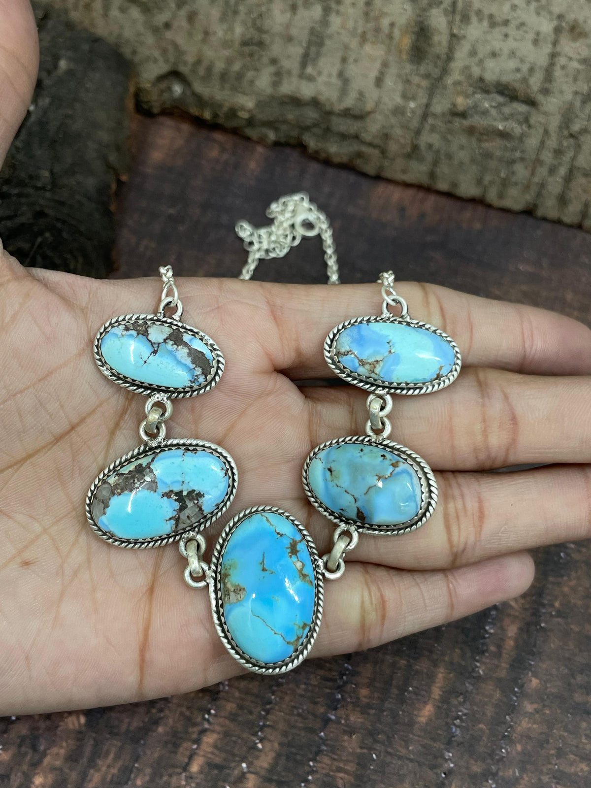 Handmade Sterling Silver Golden Hills Turquoise Necklace with Signed Nizhoni