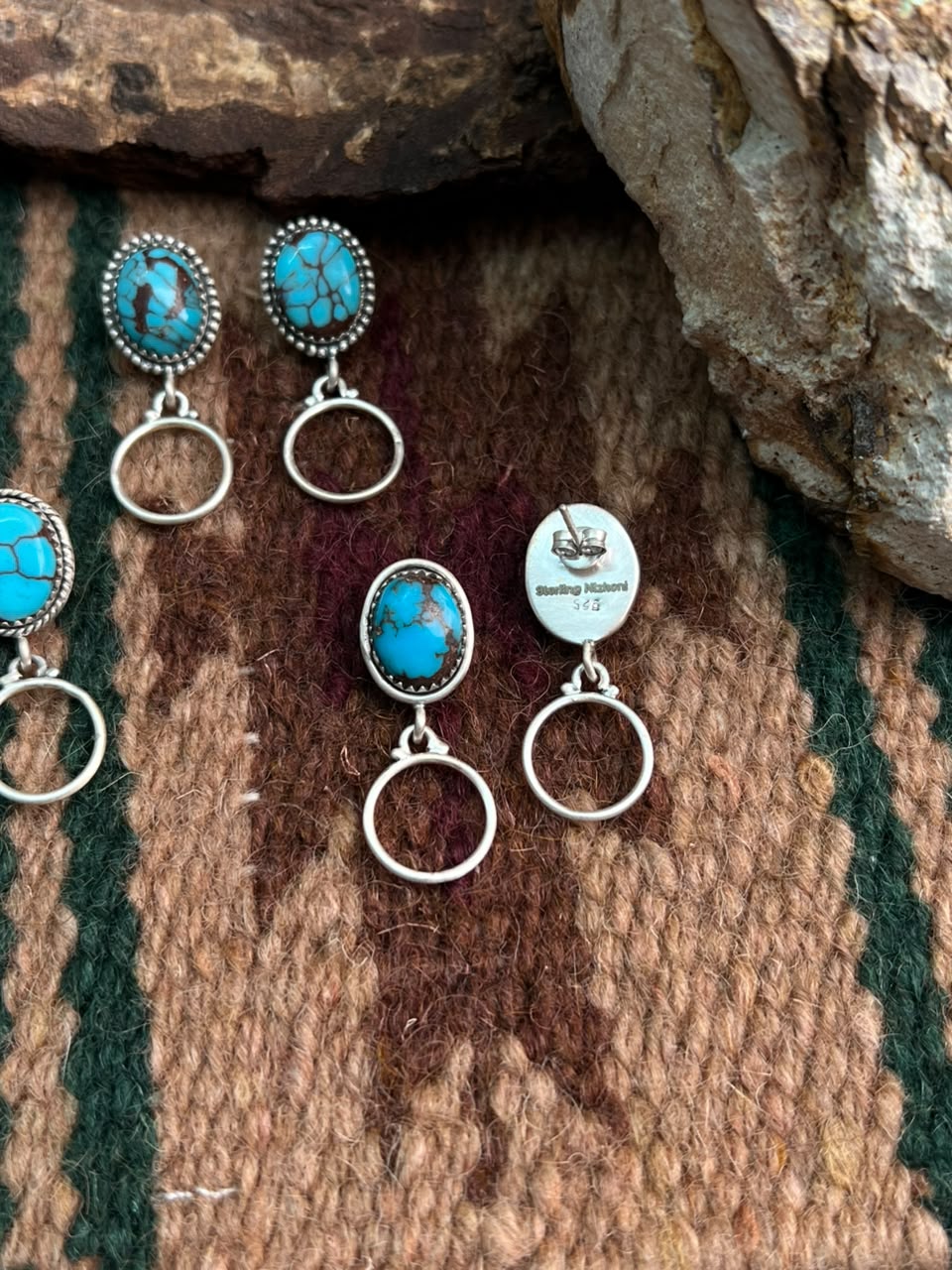 Handmade Sterling Silver Egyptian Turquoise Post Dangle Earrings Signed Nizhoni