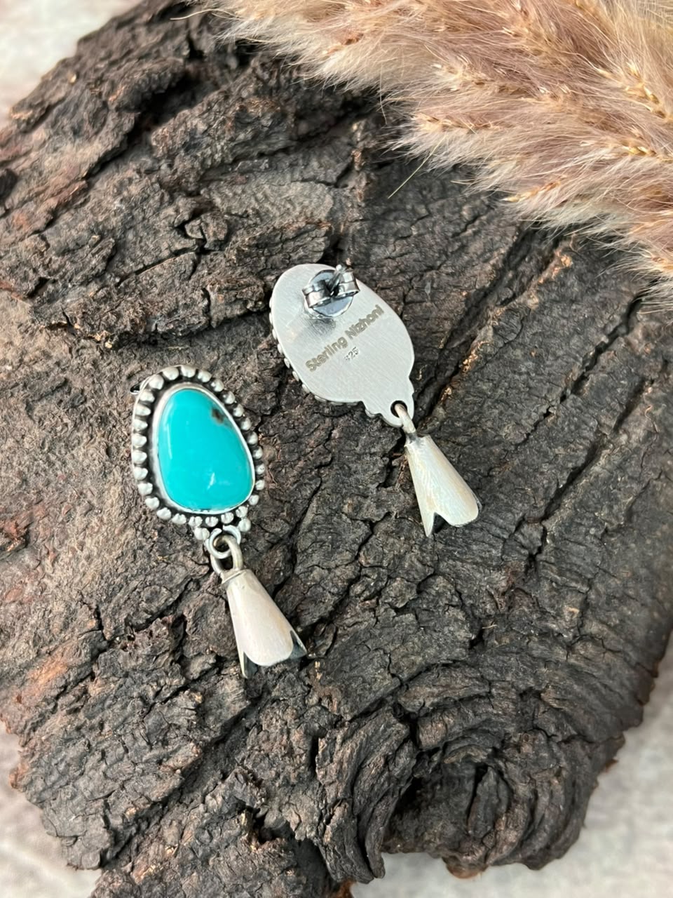Handmade Sterling Silver Campitos Turquoise Collection: Post Dangle Squash Blossom Earrings Signed Nizhoni