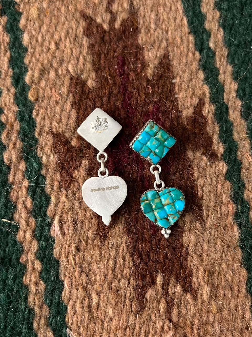 Handmade Sterling Silver Kingman Turquoise Cobble Stone Post Dangle Earrings Signed Nizhoni