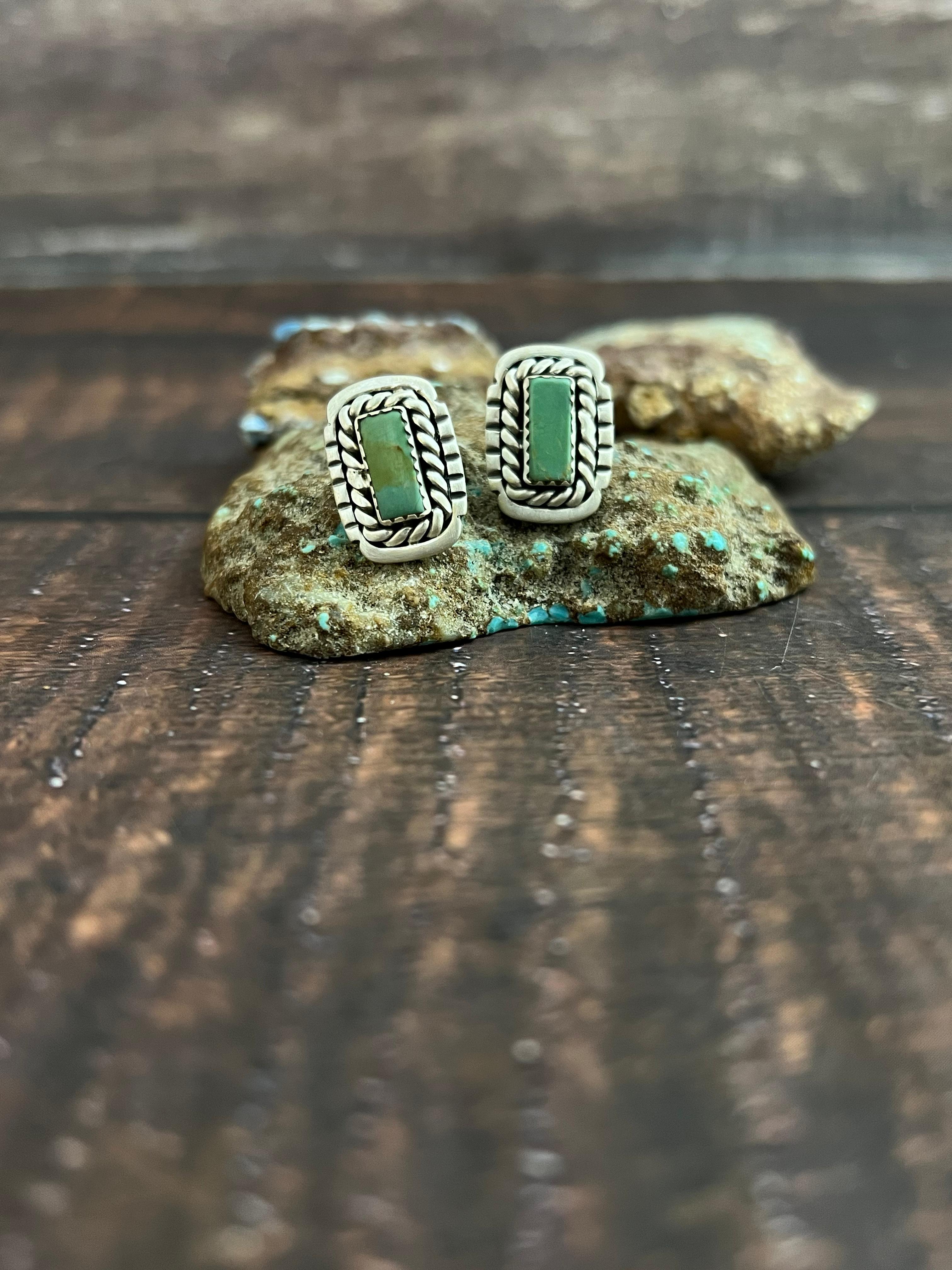 Handmade Sterling Silver Kingman Turquoise Studs with Signed Nizhoni