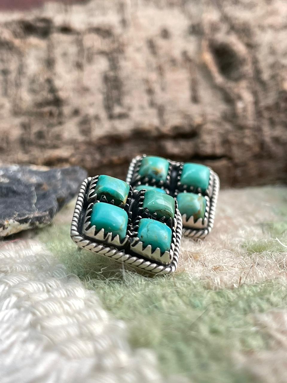 Handmade Sterling Silver Kingman Turquoise Post Studs Earrings "Signed Nizhoni"