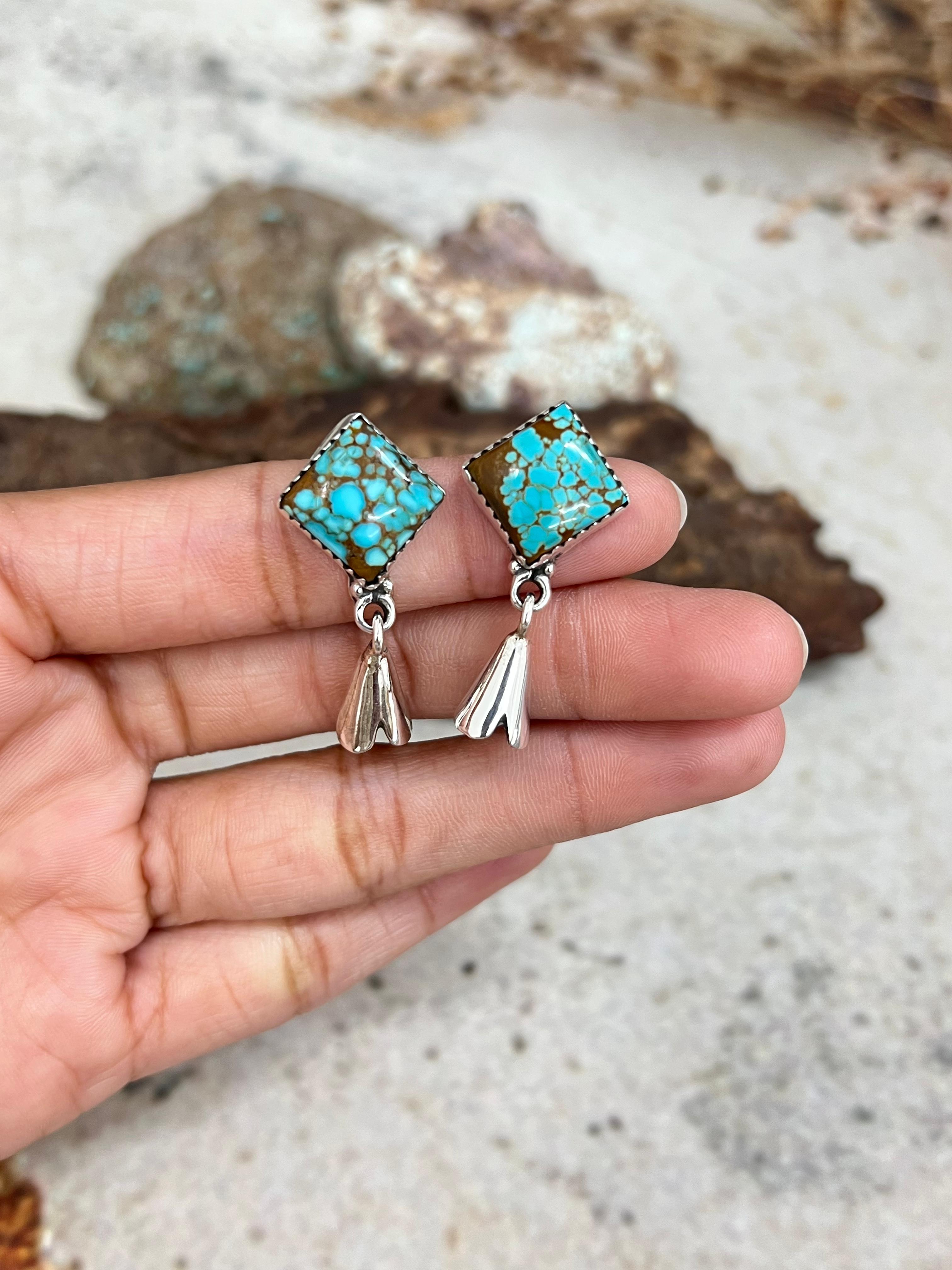 Handmade Sterling Silver Number 8 Turquoise Blossom Earrings with Signed Nizhoni