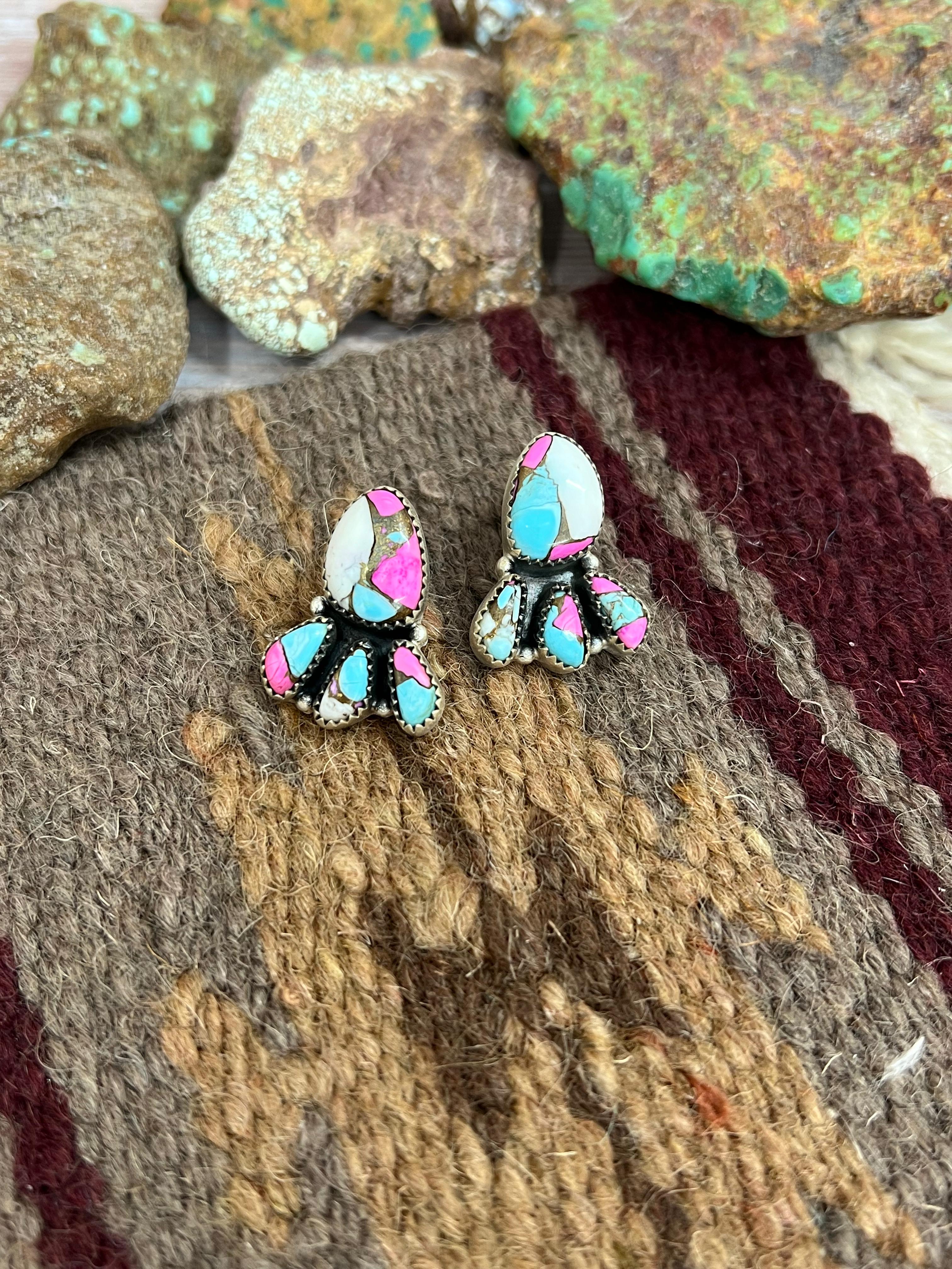 Handmade Sterling Silver Cotton Candy Turquoise Post Studs with Signed Nizhoni
