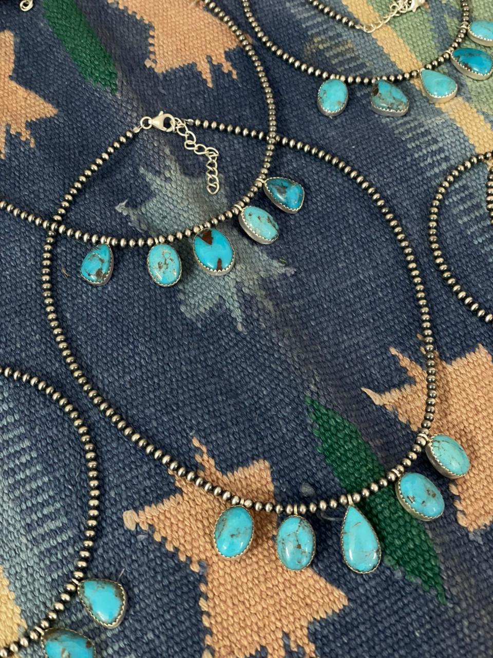 Handmade Sterling Silver Blue Kingman Turquoise Beaded Necklace "Signed Nizhoni"