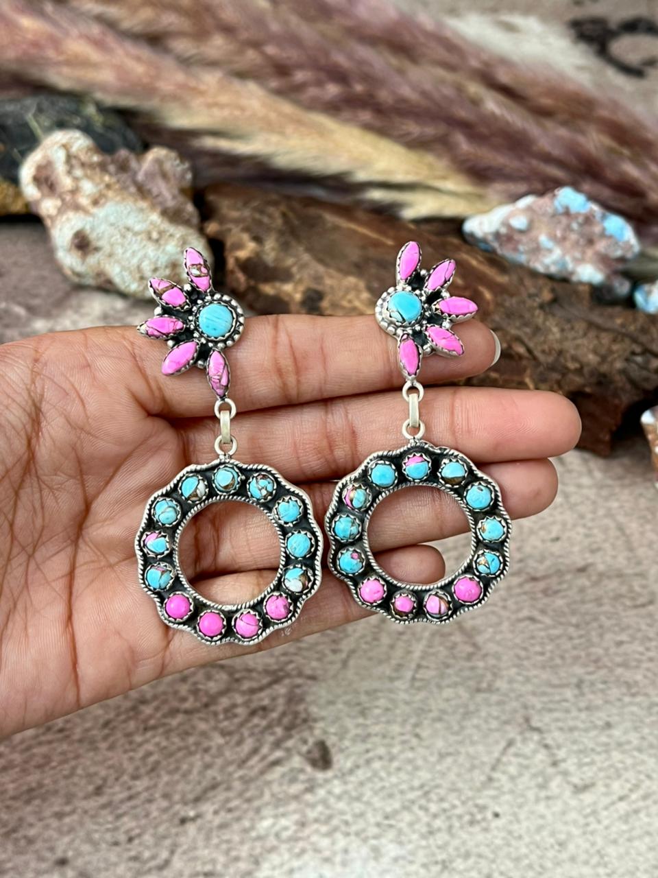 Handmade Sterling Silver Cotton Candy Post Hoop Dangle Earrings "Signed Nizhoni"