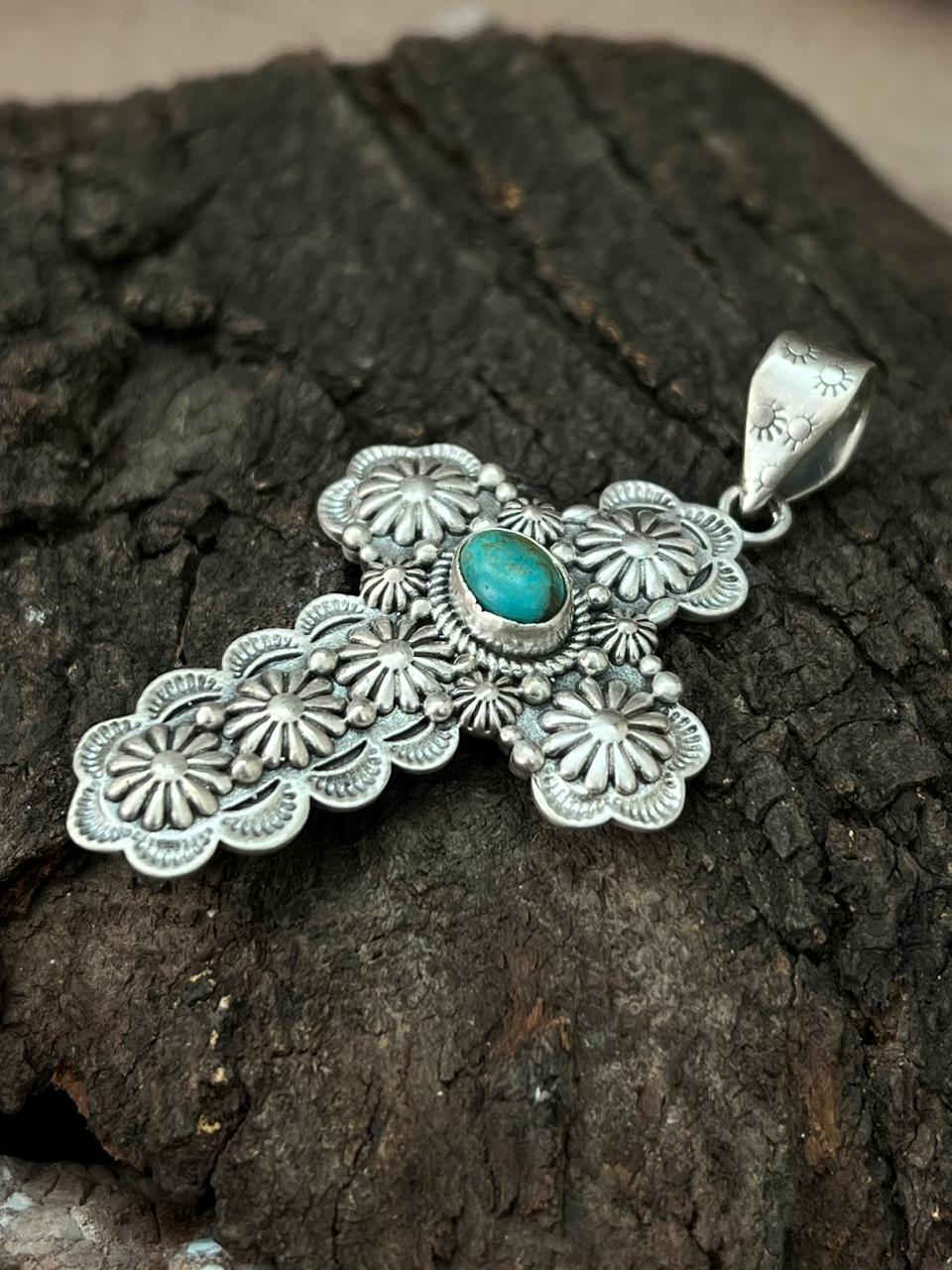 Handmade Sterling Silver Kingman Turquoise Cross Pendant "Signed Nizhoni" (5)