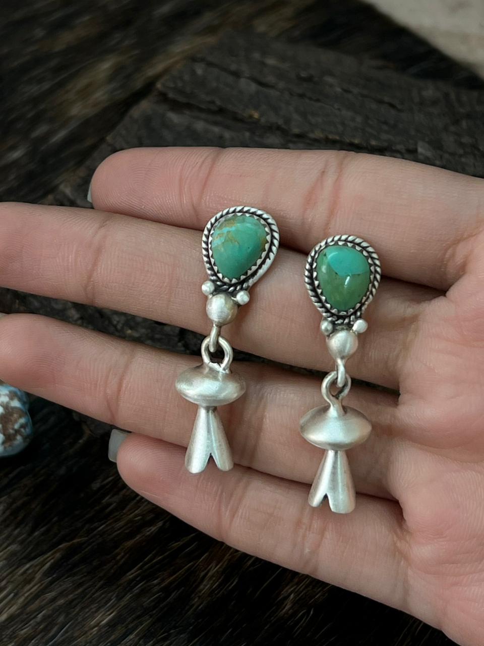 Handmade Sterling Silver Kingman Turquoise Post Dangle Earrings "Signed Nizhoni"