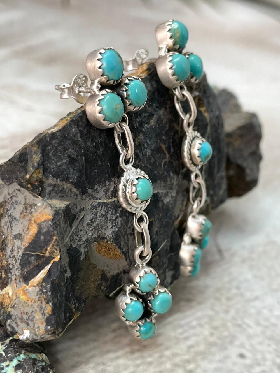 Handmade Sterling Silver Kingman Turquoise Post Dangle Earrings "Signed Nizhoni"