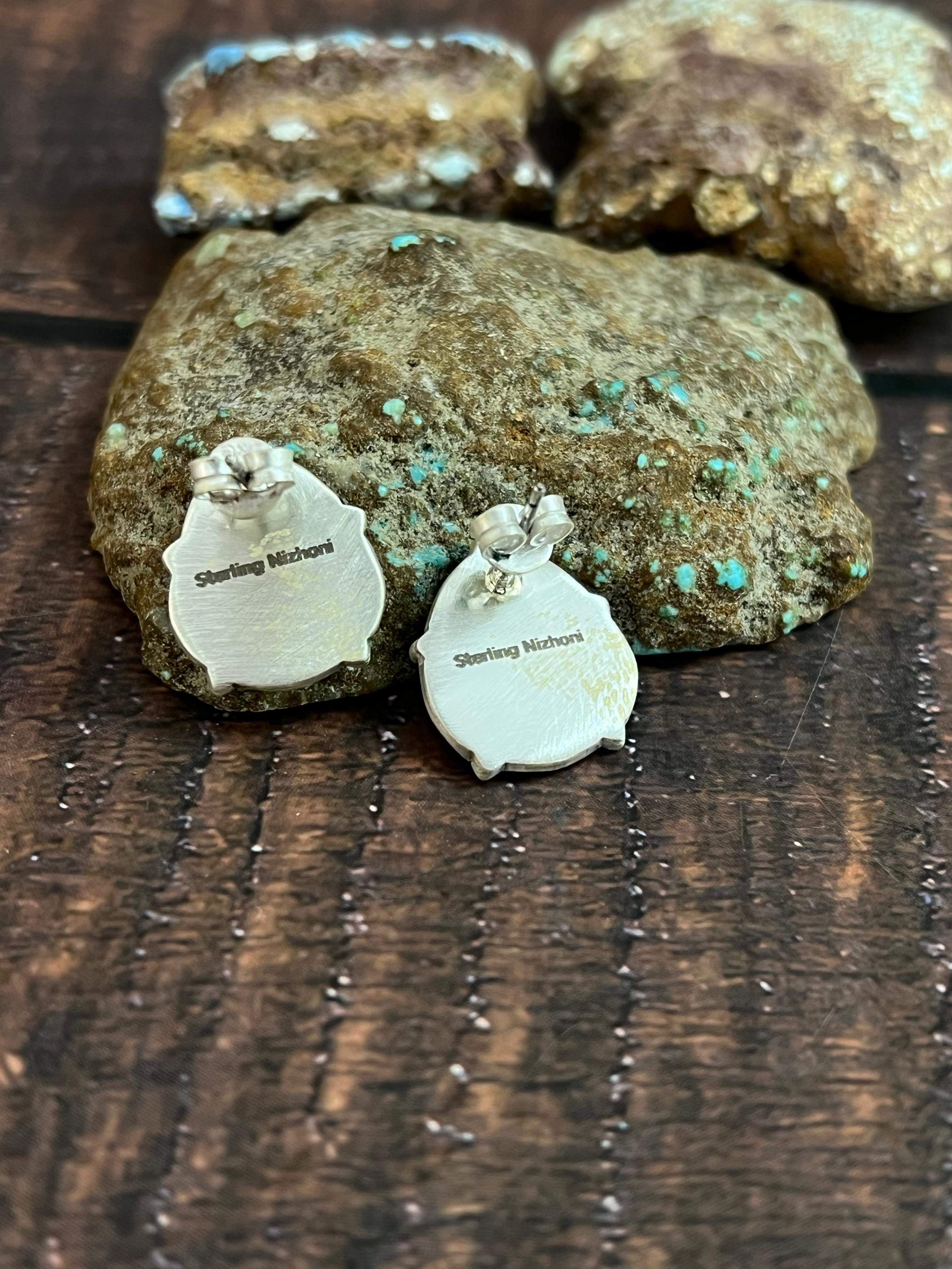 Handmade Sterling Silver Emerald Valley Post Studs with Signed Nizhoni