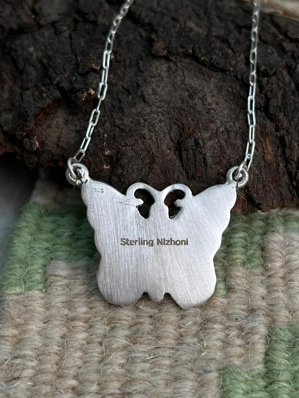 Handmade Sterling Silver Kingman Turquoise Butterfly Necklace "Signed Nizhoni"