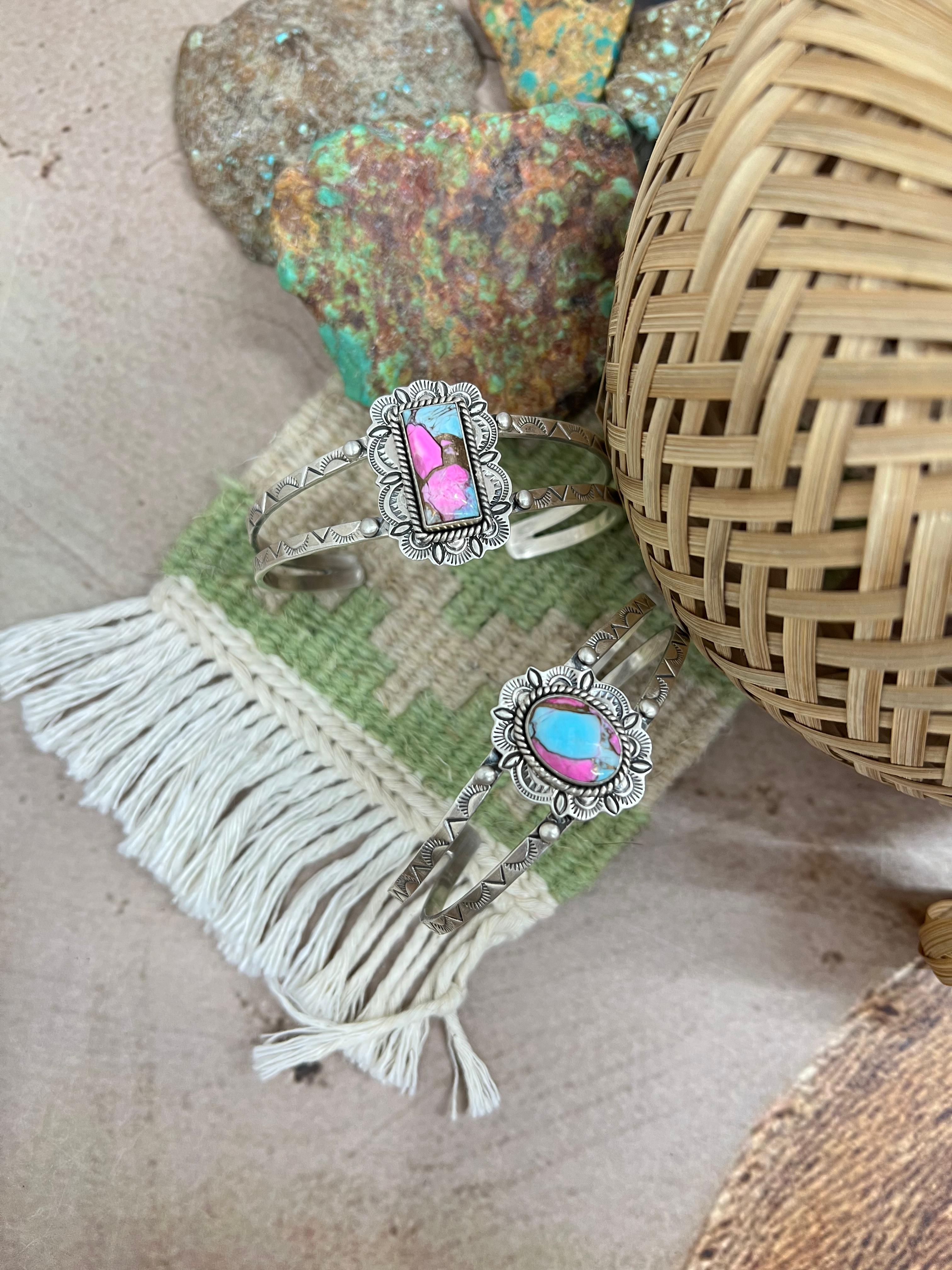 Handmade Sterling Silver Cotton Candy Turquoise Cuff Bracelet with Signed Nizhoni