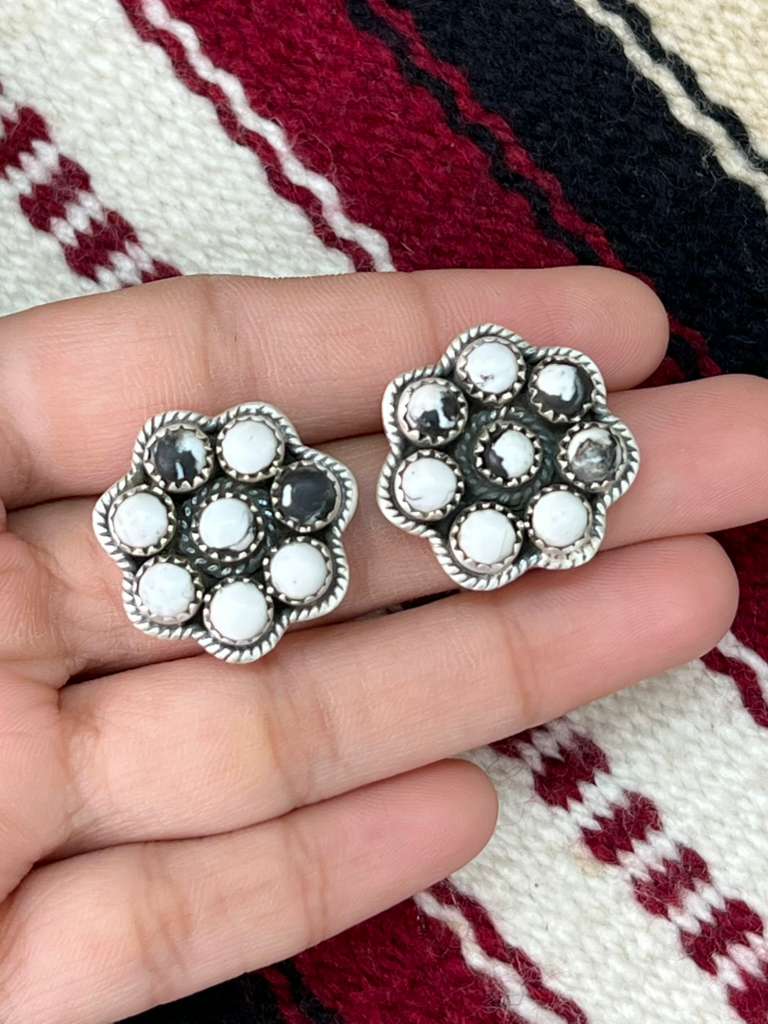 Handmade Sterling Silver White Buffalo Post Studs "Signed Nizhoni"