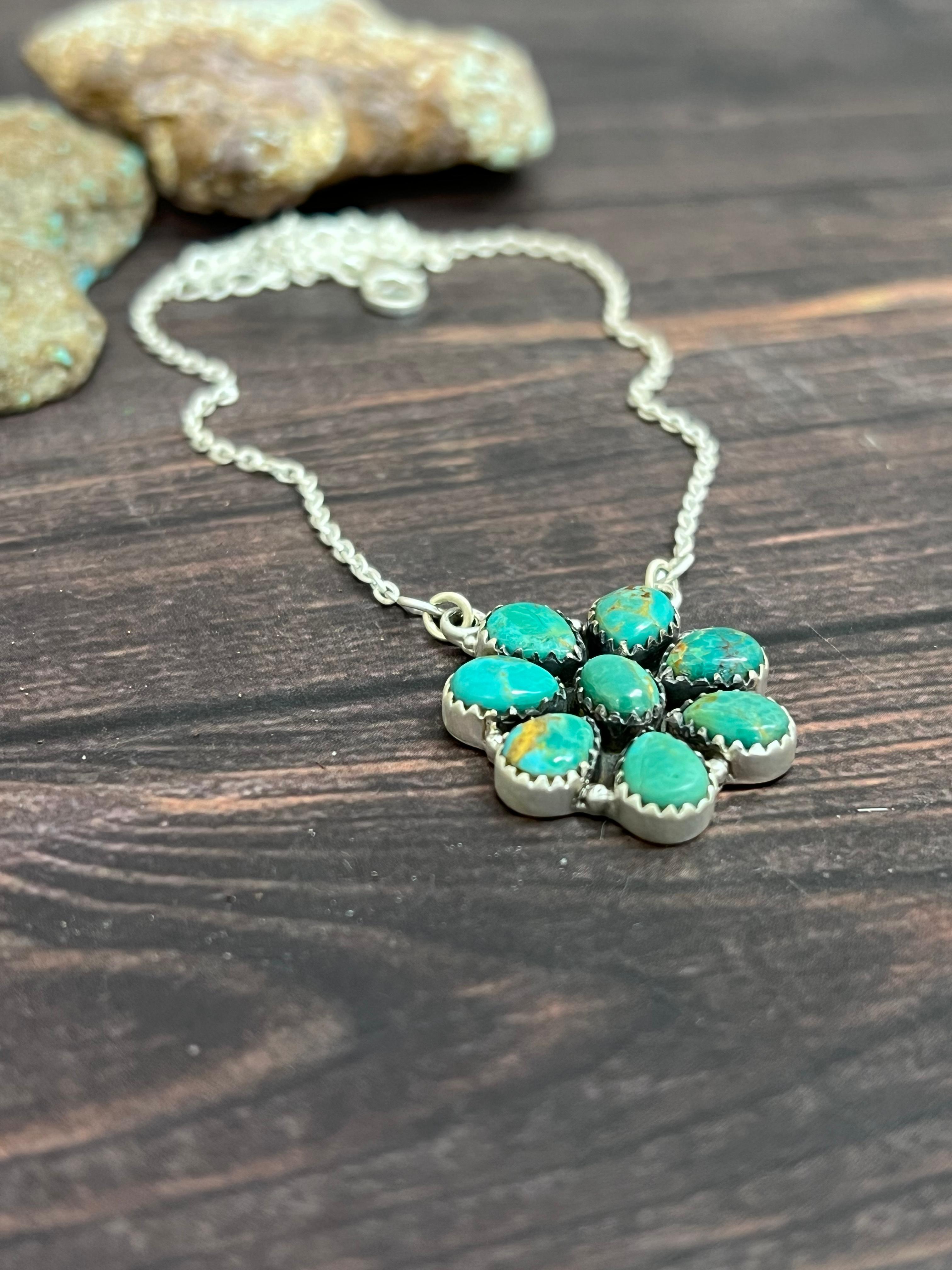 Handmade Sterling Silver Kingman Turquoise Necklace with Signed Nizhoni