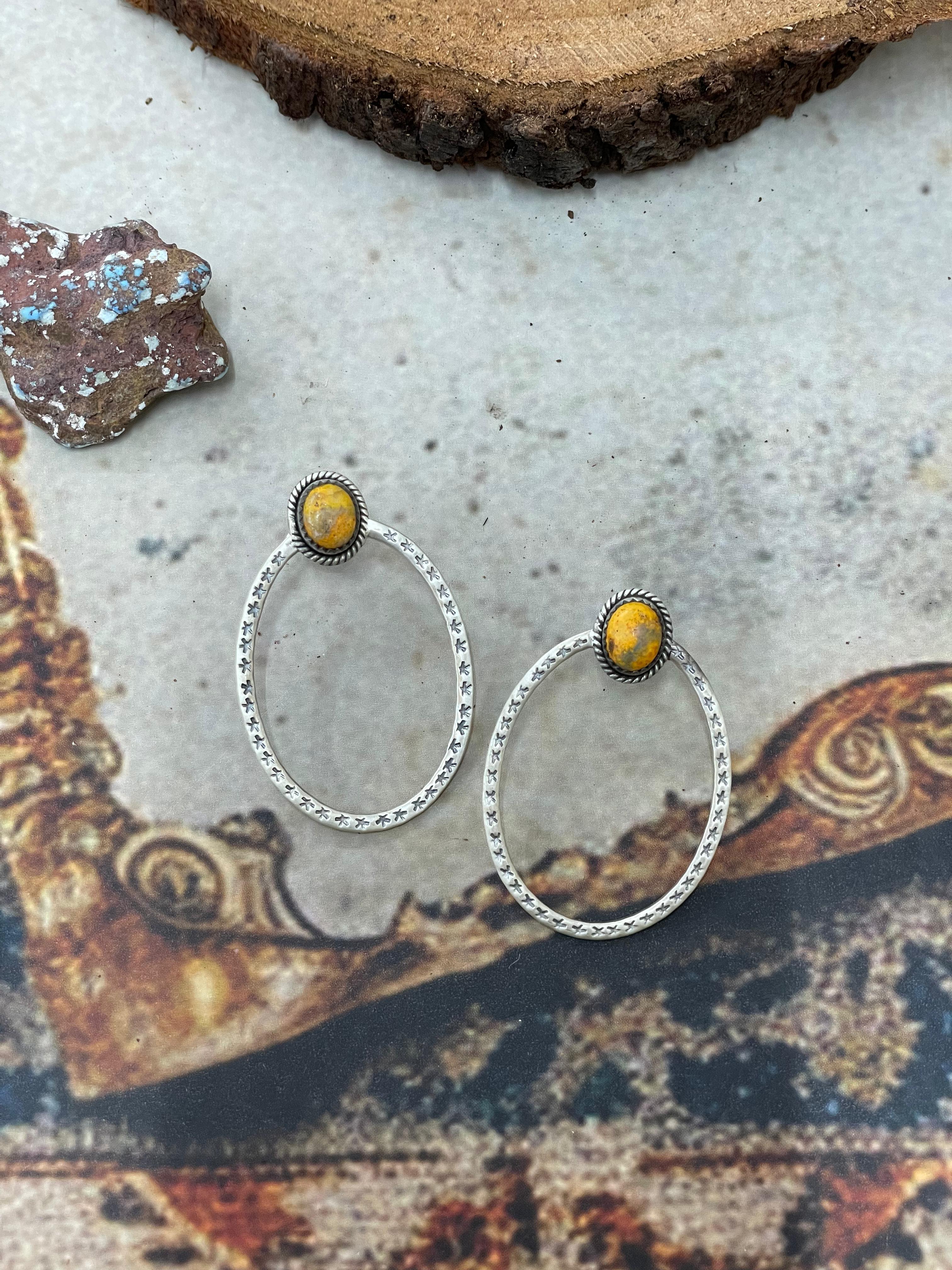 Handmade Sterling Silver Bumblebee Post Hoop Earrings with Signed Nizhoni