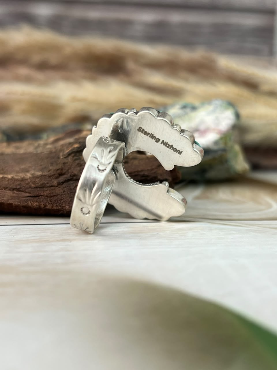 Handmade Sterling Silver Kingman Turquoise Naja Heart Adjustable Ring Signed Nizhoni