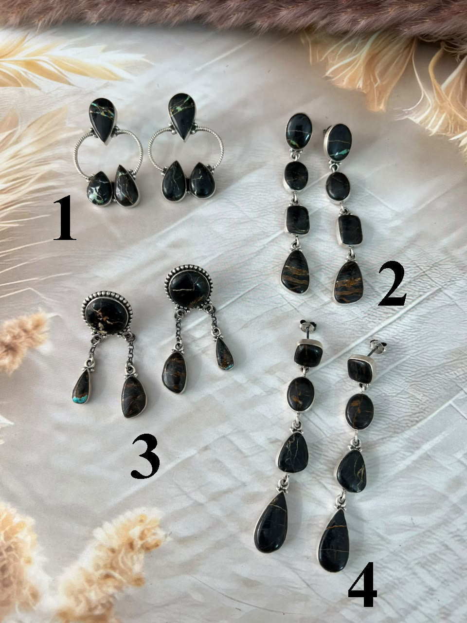Handmade Sterling Silver Blackjack Turquoise Collection: Post Dangle Earrings Signed Nizhoni