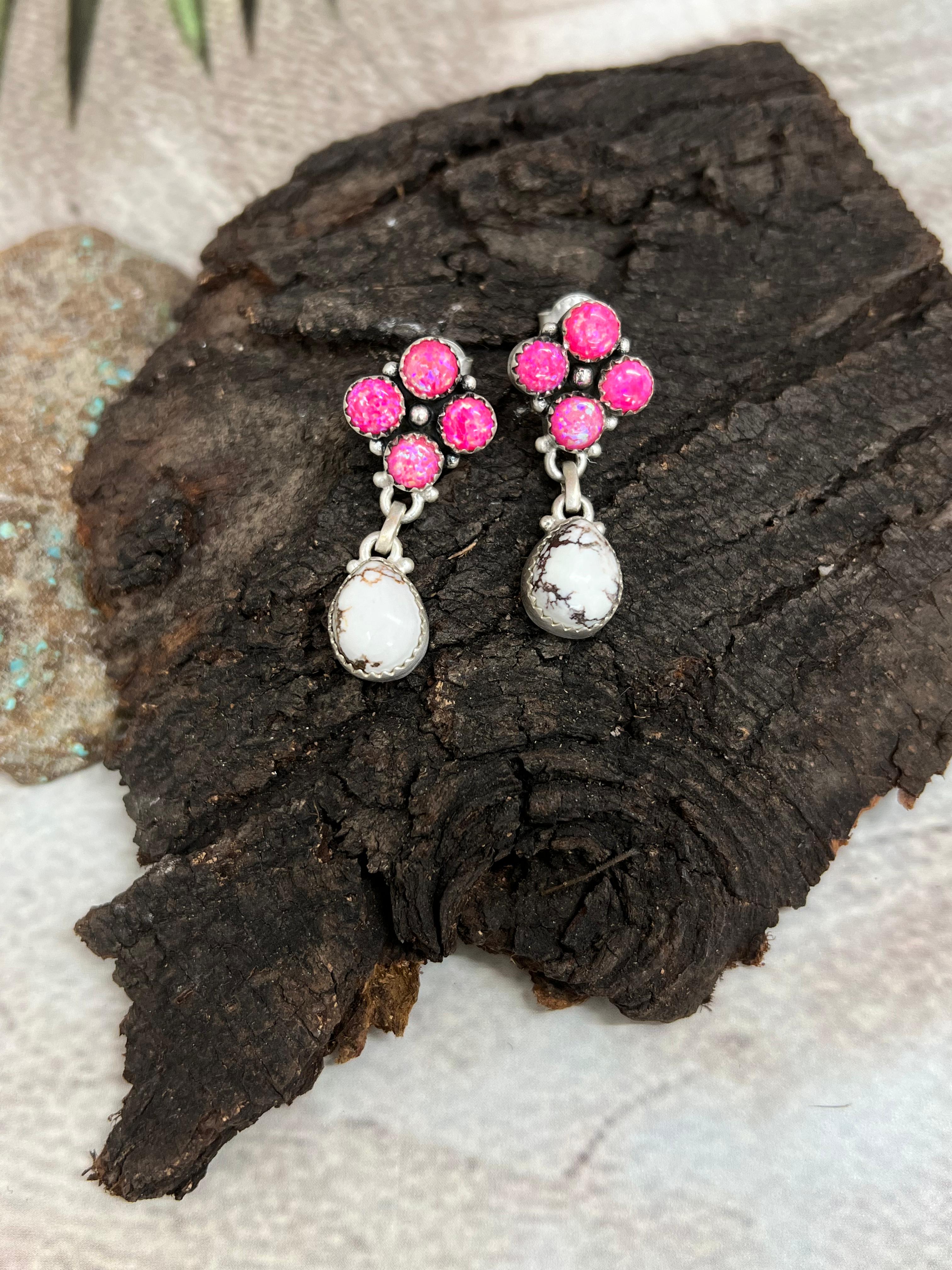 Handmade Sterling Silver Wild Horse with Purple Dahlia Post Dangle Earrings, Signed Nizhoni (7)