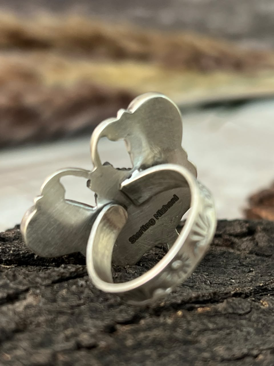 Handmade Sterling Silver Sonoran Mountain Turquoise with Bumblebee and White Buffalo Spring Collection: Butterfly Adjustable Ring Signed Nizhoni