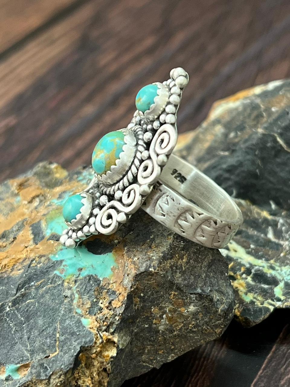 Handmade Sterling Silver Kingman Turquoise Adjustable Ring "Singed Nizhoni" (3)