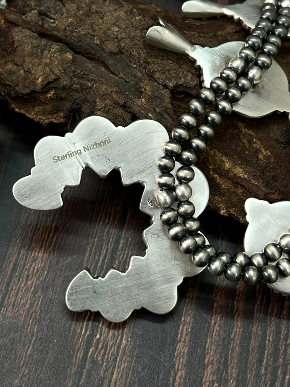 Handmade Sterling Silver Beaded Sonoran with White Water Squash Blossom Necklace "Signed Nizhoni"