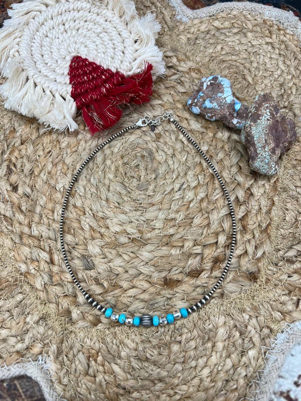 Handmade Sterling Silver Beaded Kingman Turquoise Necklace "Signed Nizhoni"