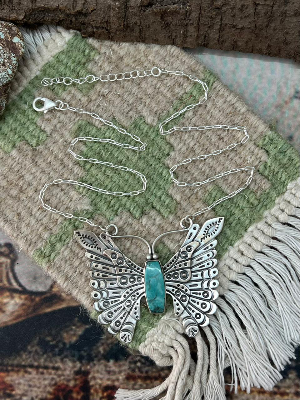 Handmade Sterling Silver Kingman Turquoise Butterfly Necklace "Signed Nizhoni"