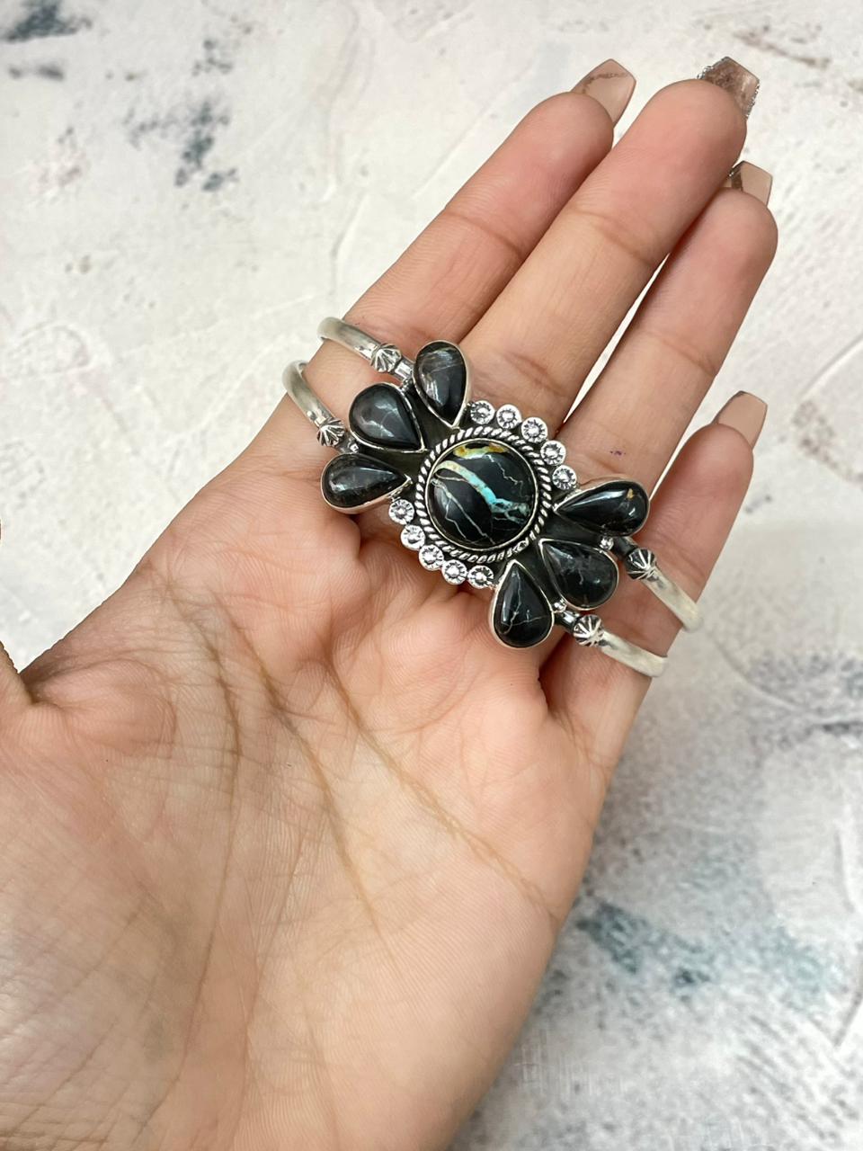 Handmade Sterling Silver Blackjack Turquoise Cuff Bracelet "Signed Nizhoni"