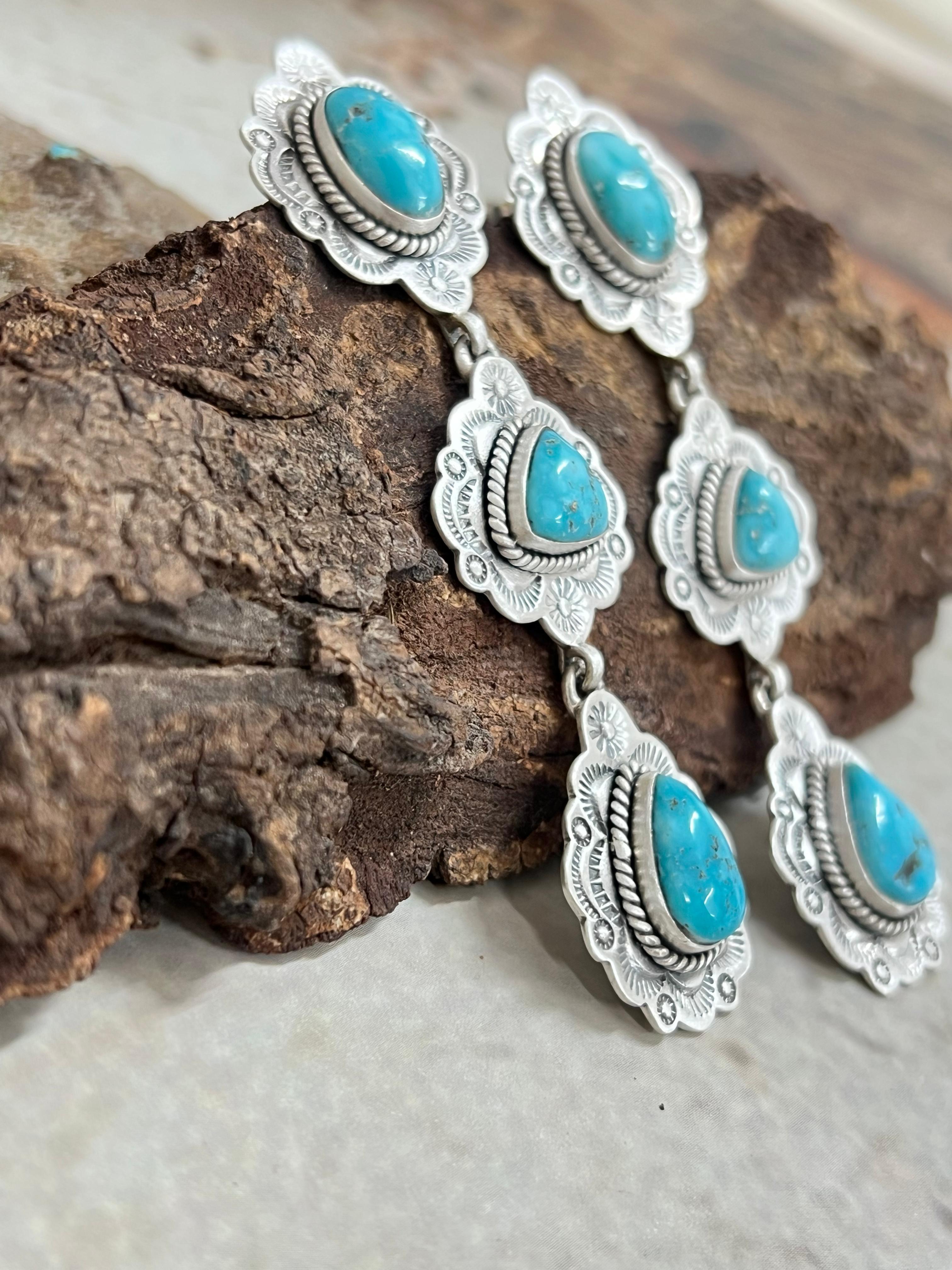 Handmade Sterling Silver White Water Turquoise Dangle Earrings with Signed Nizhoni