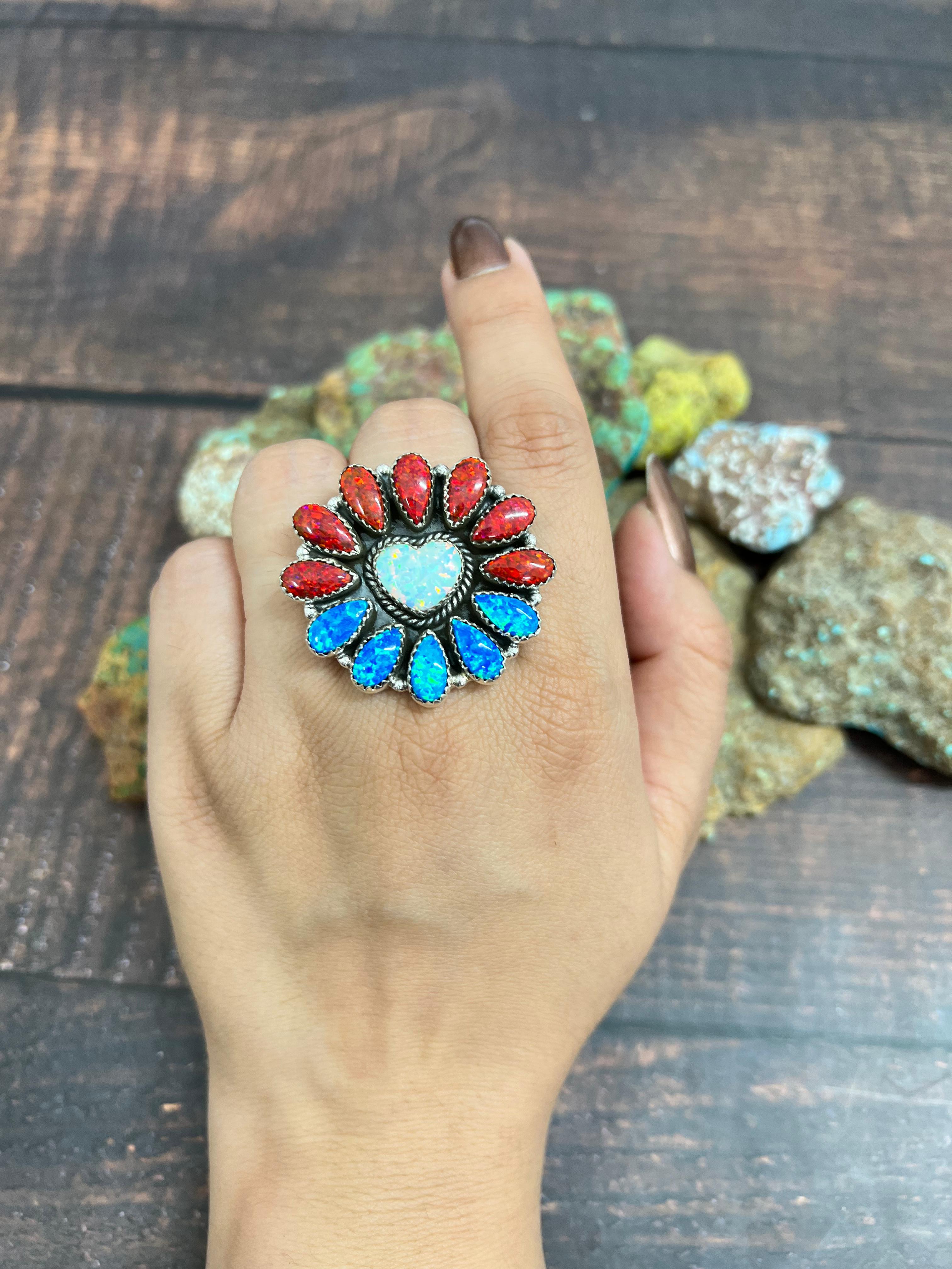 ** 4TH OF JULY ** Handmade Sterling Silver Synthetic Opal Adjustable Ring with Signed Nizhoni