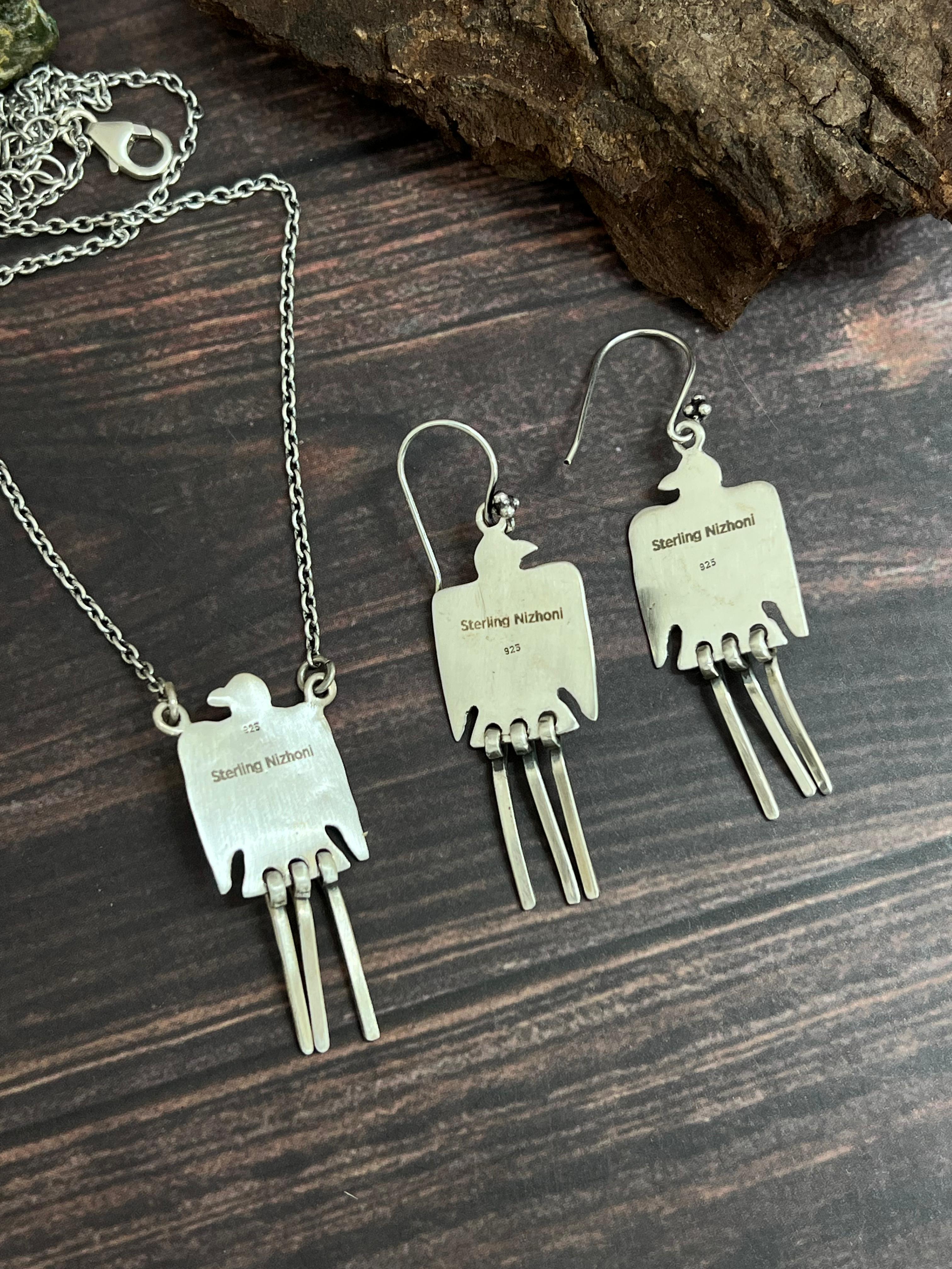 Handmade Sterling Silver Kingman Turquoise Necklace Earrings Set with Signed Nizhoni