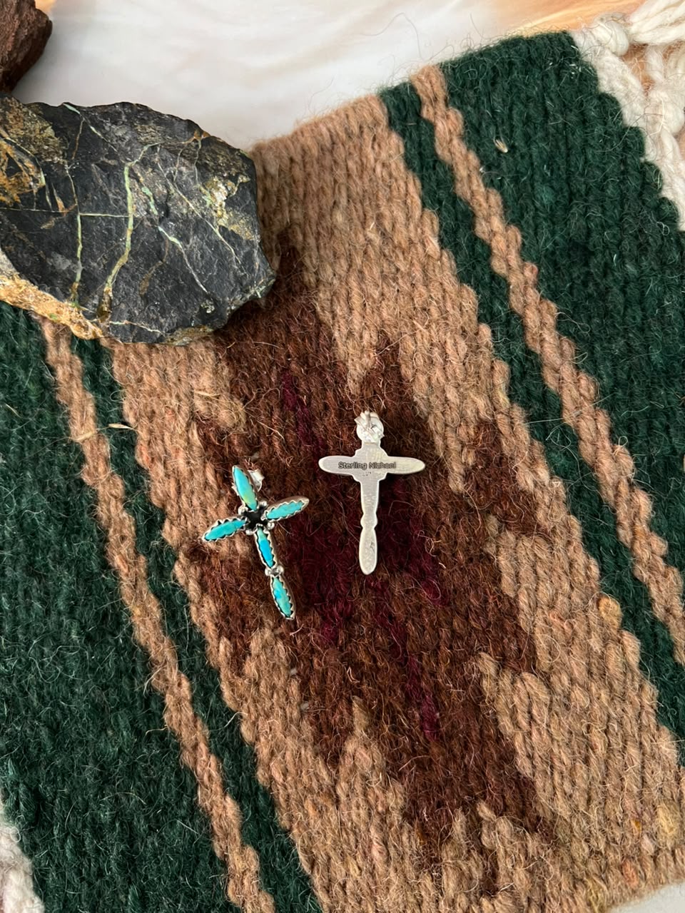 Handmade Sterling Silver Kingman Turquoise Post Studs Cross Earrings Signed Nizhoni