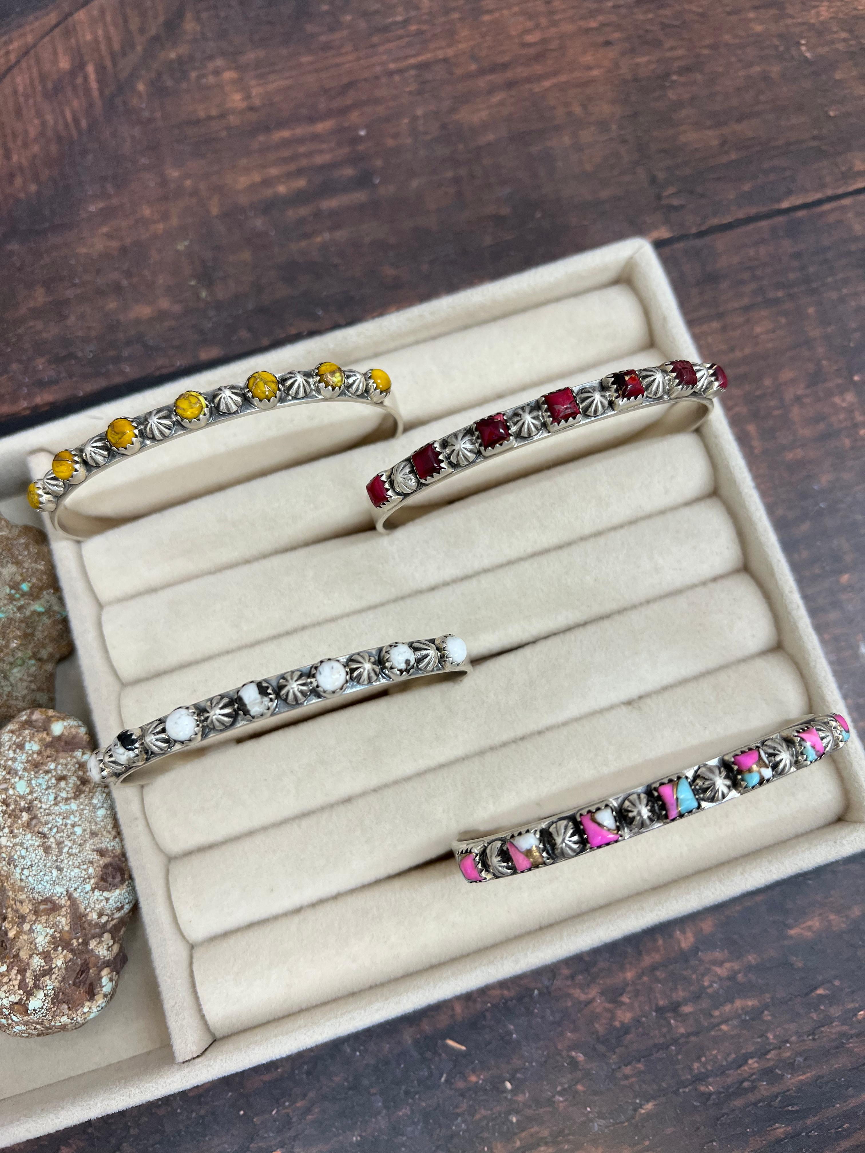 Handmade Sterling Silver Multi Gemstone Cuff Bracelet with Signed Nizhoni