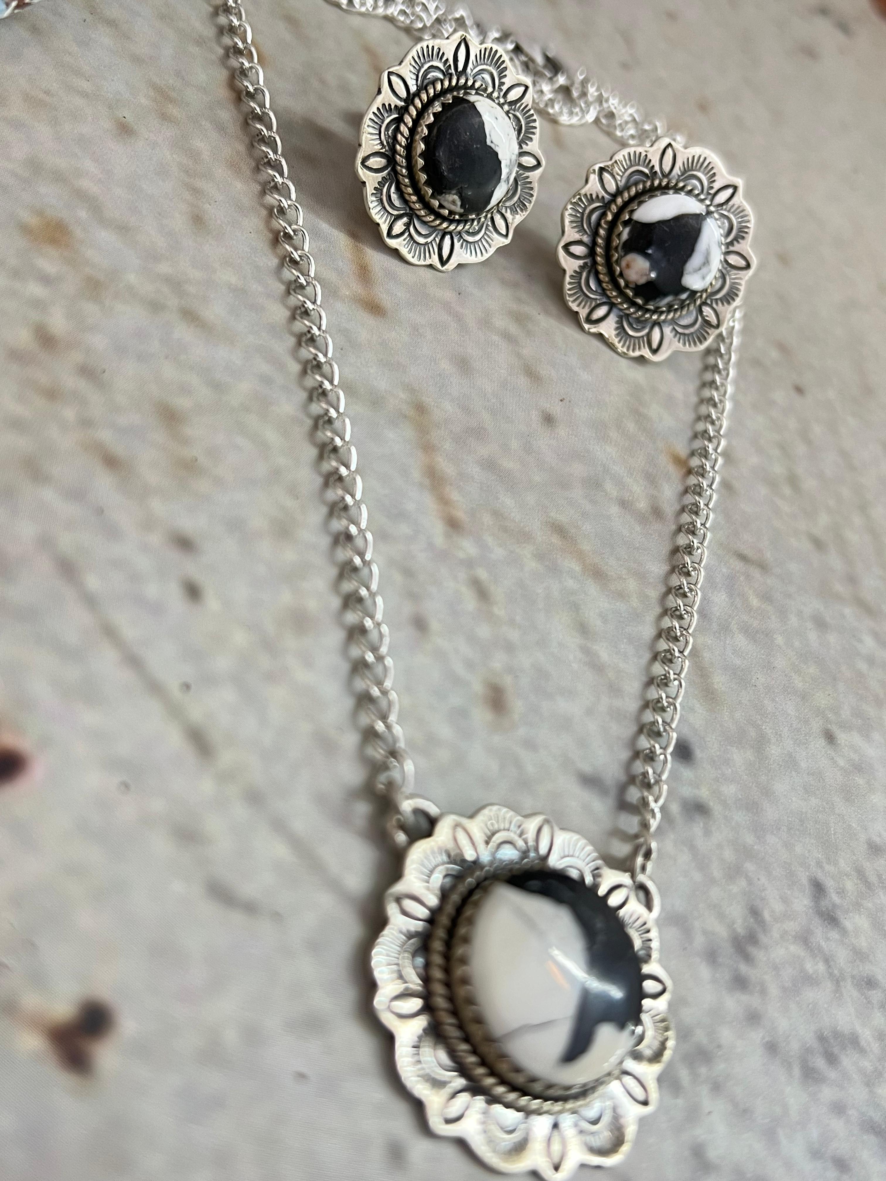 Handmade Sterling Silver White Buffalo Necklace Earrings Set with Signed Nizhoni