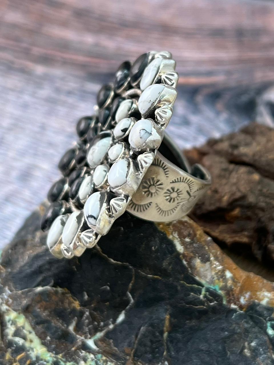 Handmade Sterling Silver White Buffalo Adjustable Ring "Signed Nizhoni"