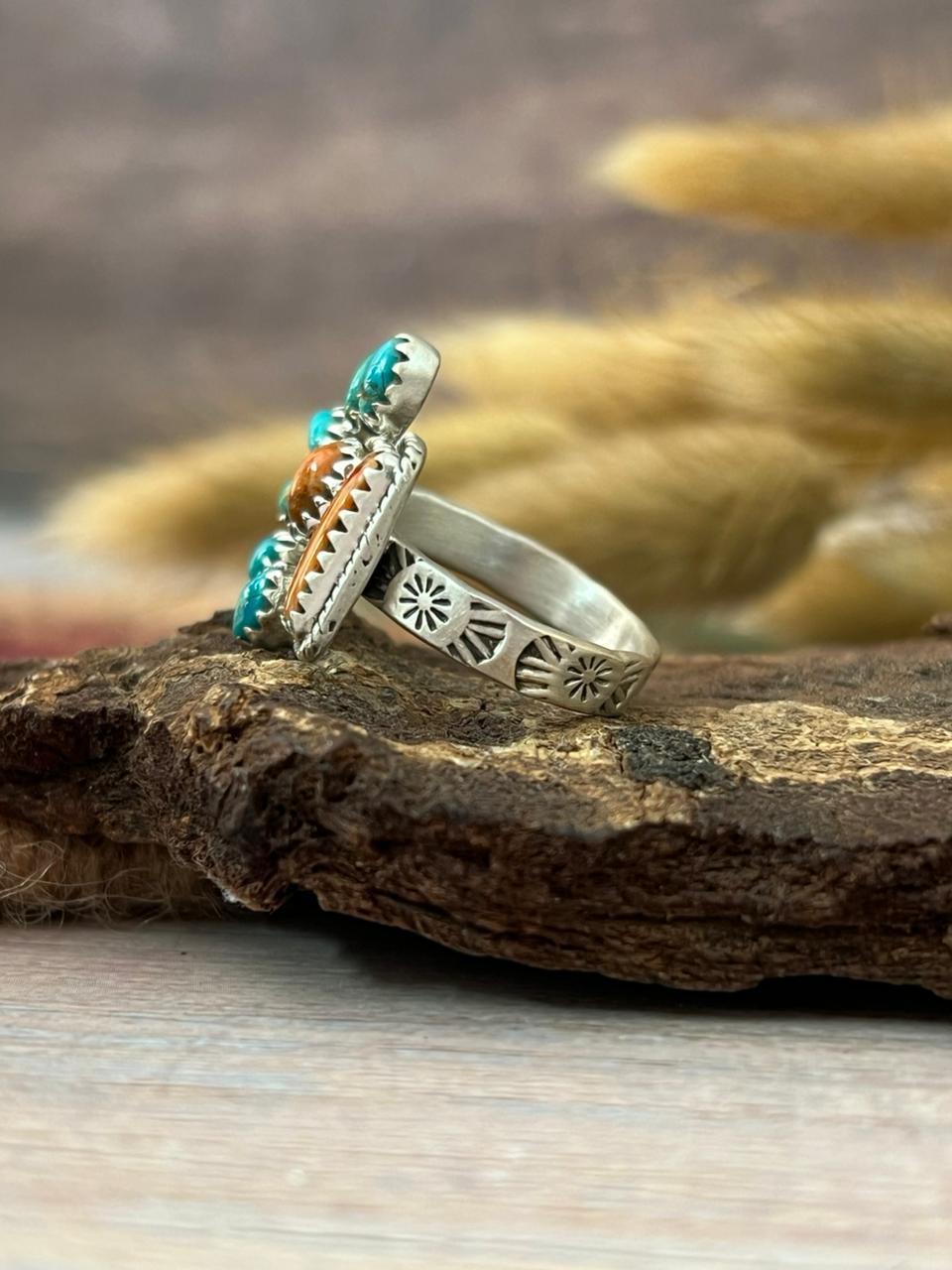 Handmade Sterling Silver Kingman Turquoise with Orange Mojave Adjustable Ring "Signed Nizhoni"