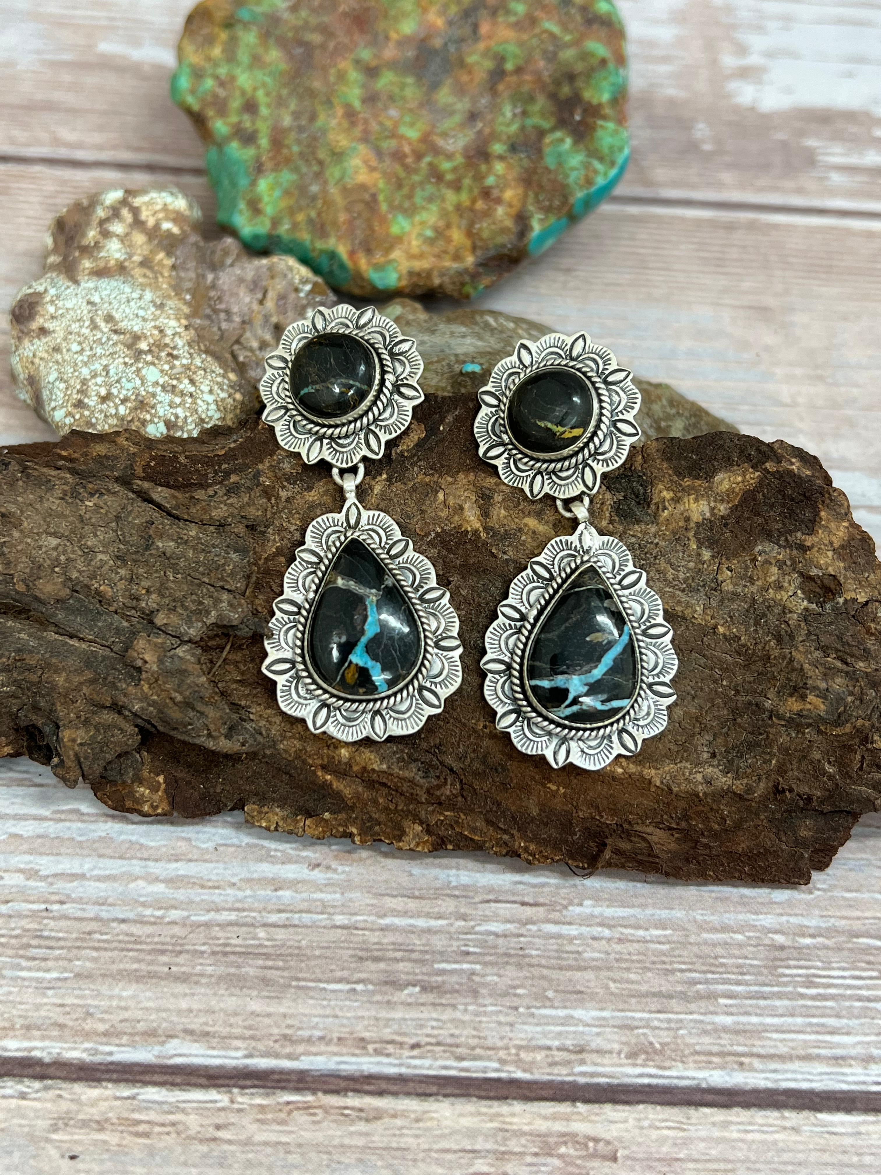 Handmade Sterling Silver Blackjack Turquoise Post Dangle Earrings with Signed Nizhoni