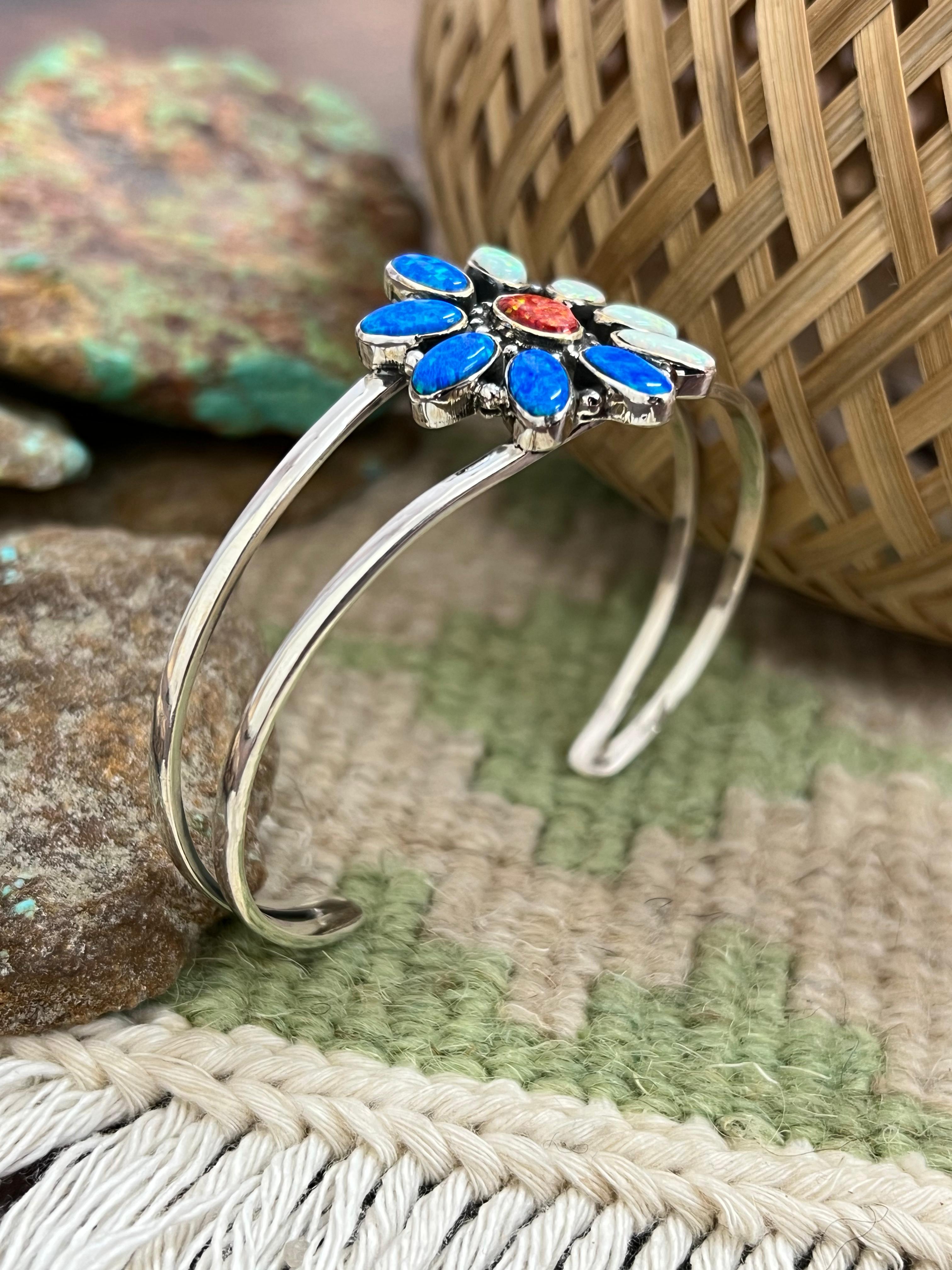 ** 4TH OF JULY ** Handmade Sterling Silver Synthetic Opal Cuff Bracelet with Signed Nizhoni