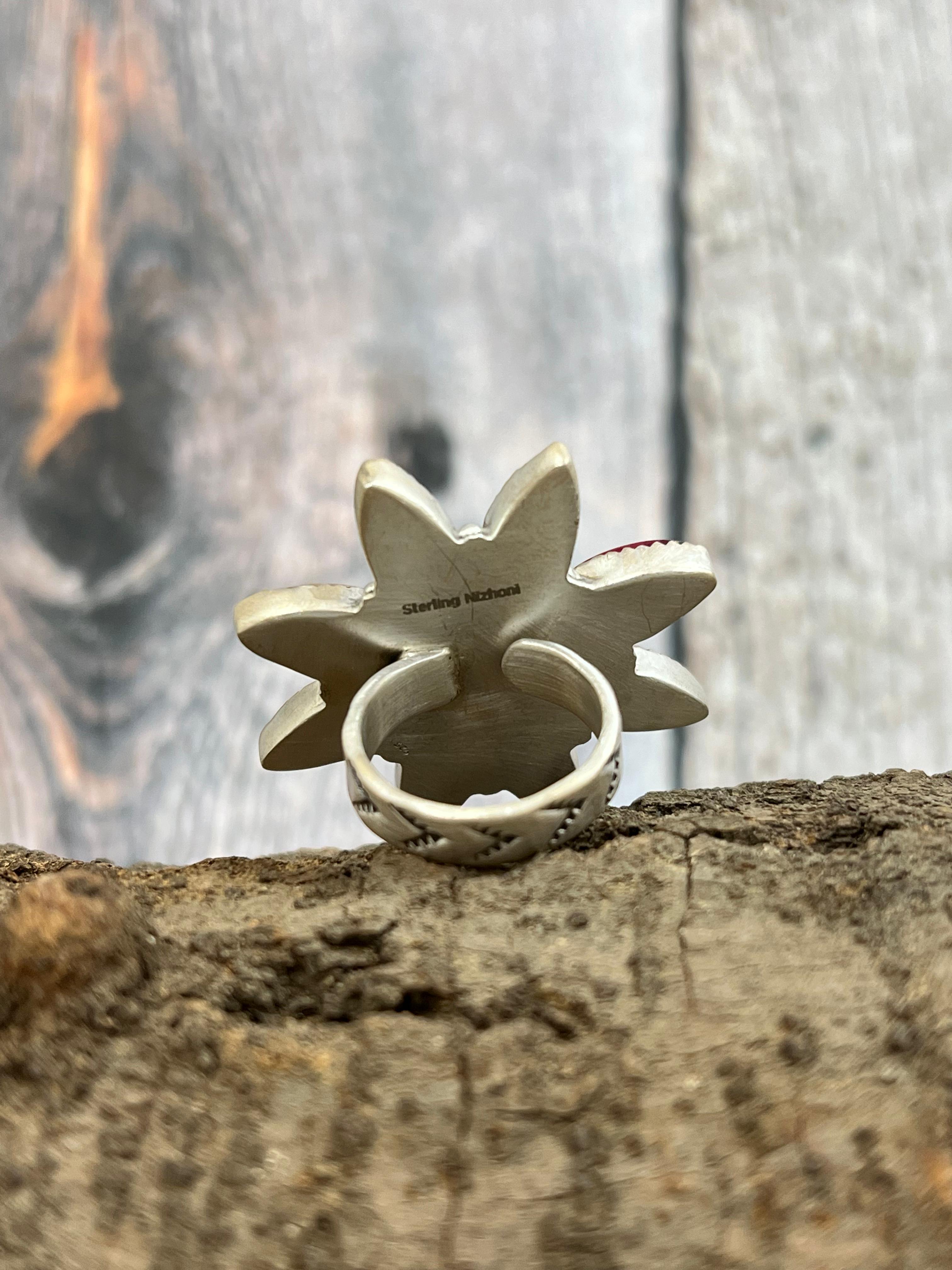 Handmade Sterling Silver Dahlia Rose Flower Adjustable Ring with Signed Nizhoni